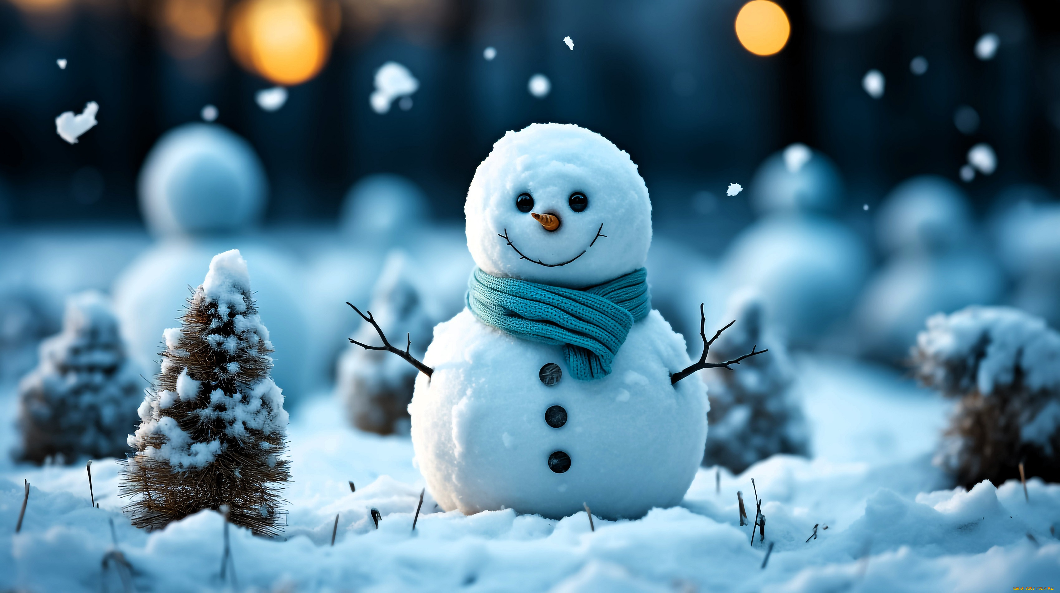 праздничные, сервировка, снеговик, шарф, снег, ёлки