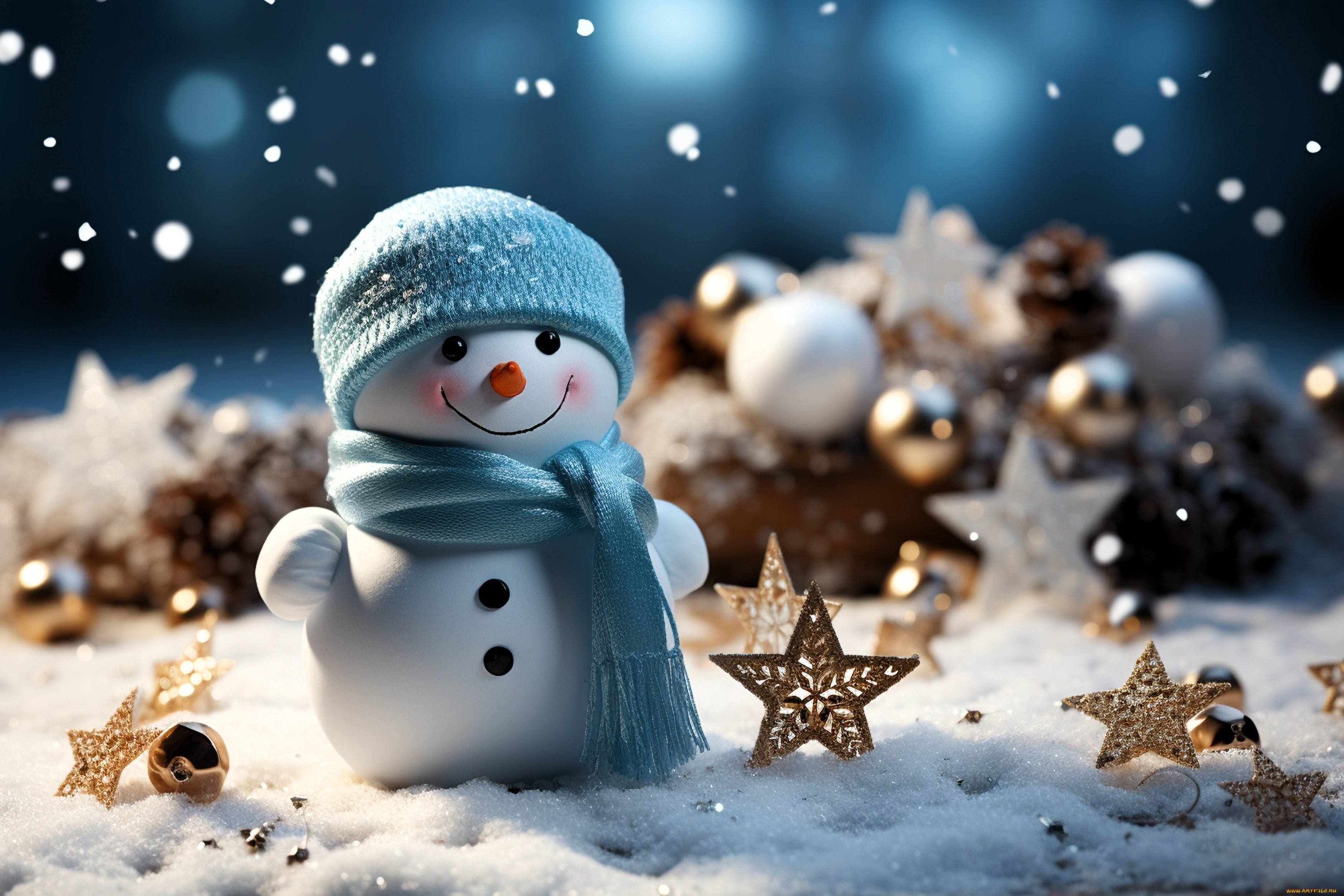 праздничные, снеговики, снеговик, шапка, шарф, снег, звезды, украшения