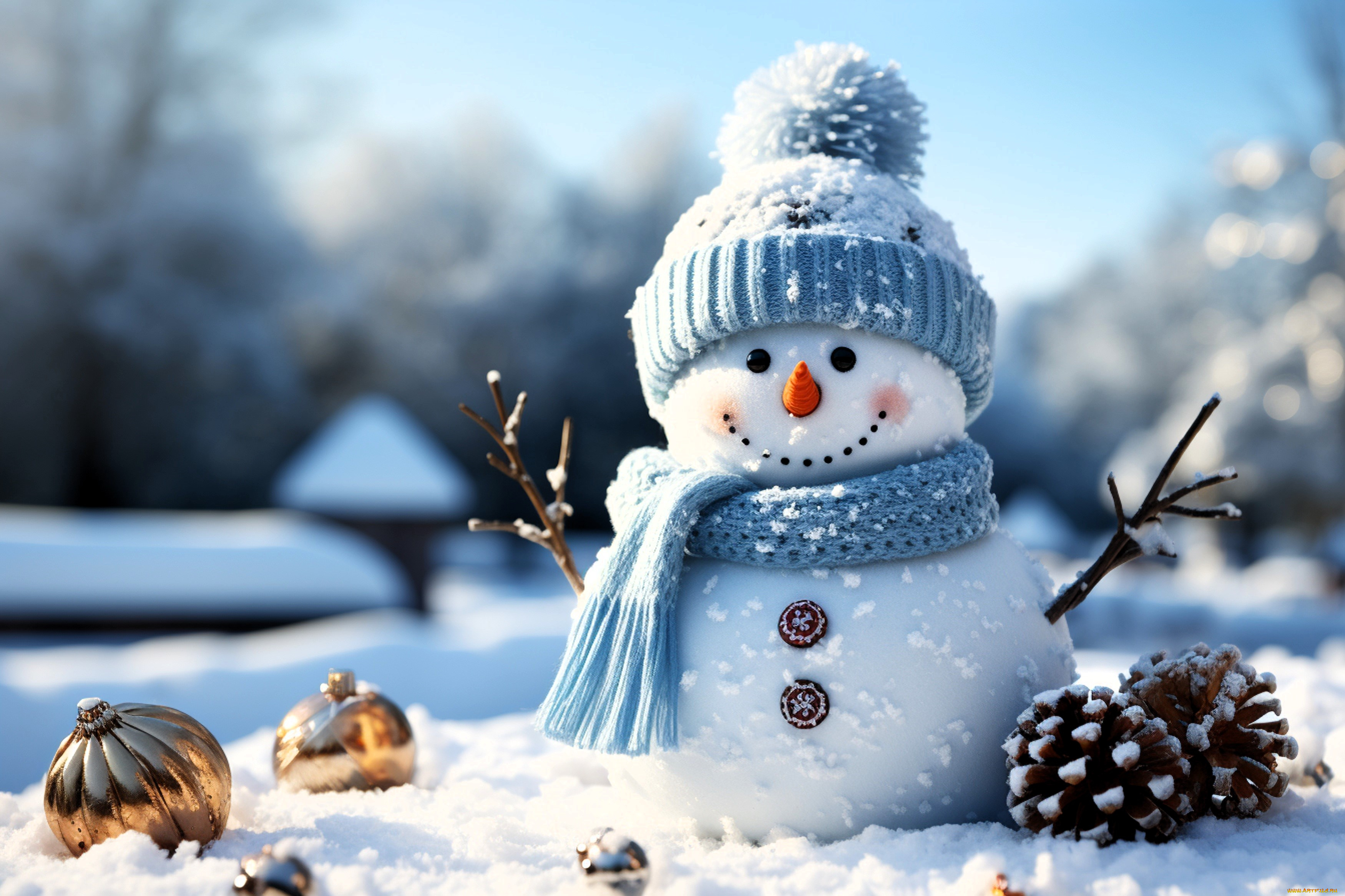 праздничные, снеговики, снеговик, снег, шишки, шарики, шапка, шарф