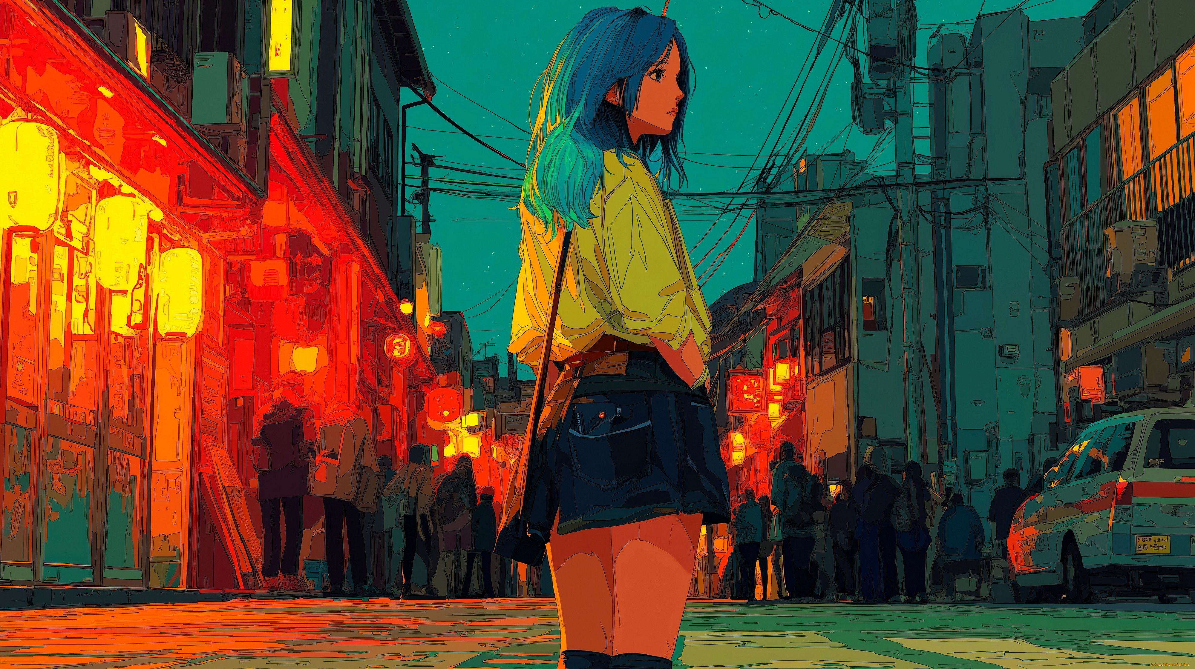 рисованное, люди, девушка, толкпа, машина, город, дома, улица