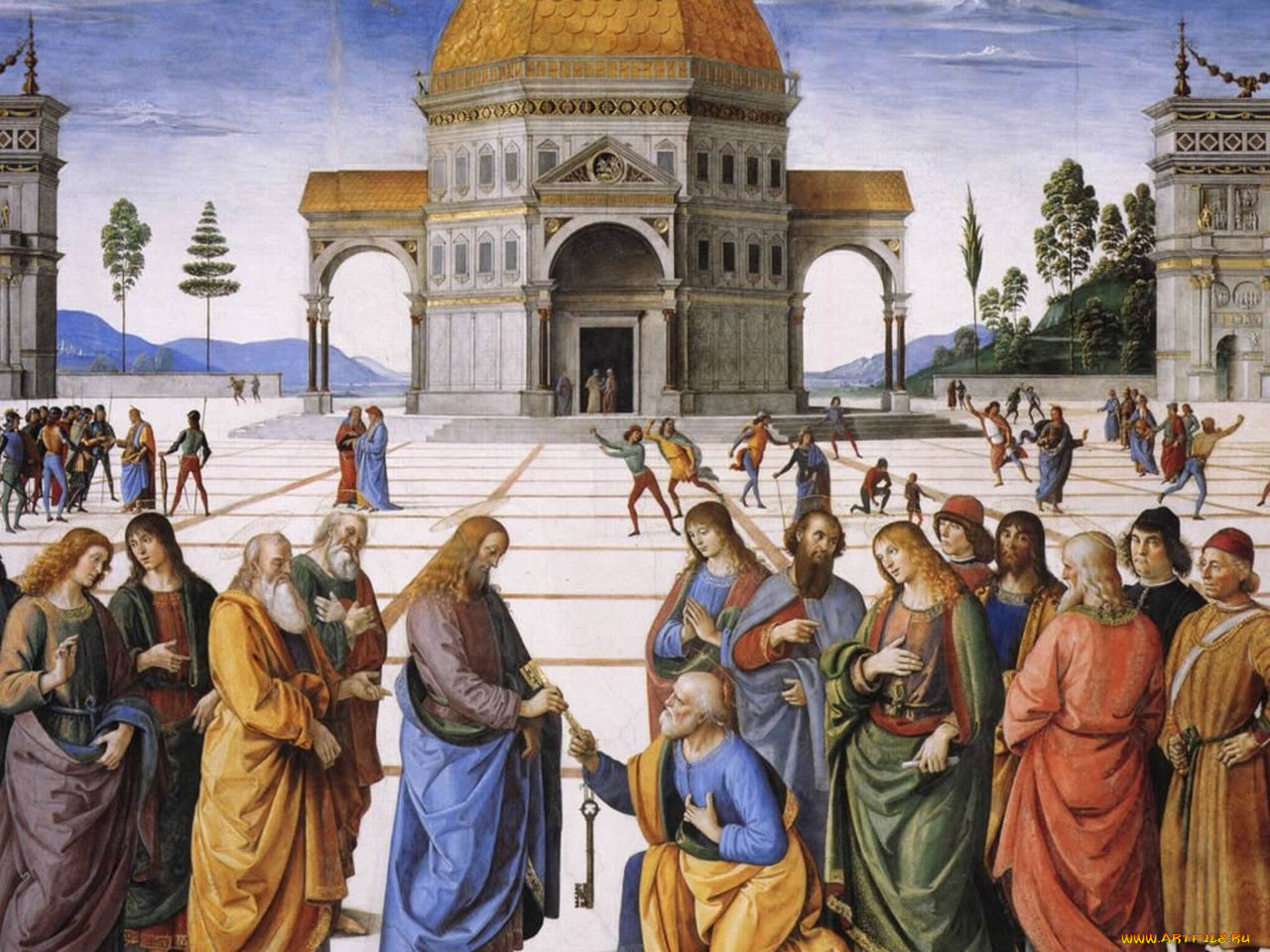 пьетро, перуджино, вручение, ключей, петру, рисованные, живопись