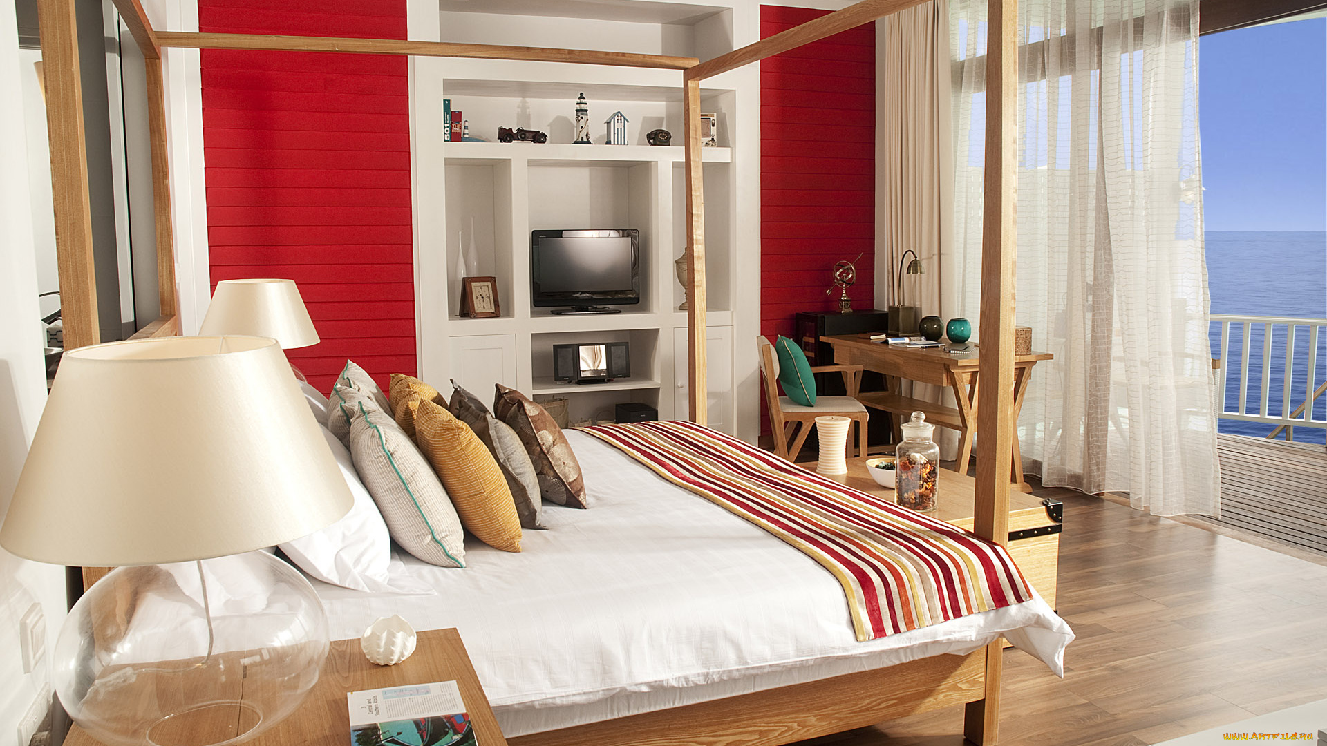 интерьер, спальня, кровать, подушки, балкон, море