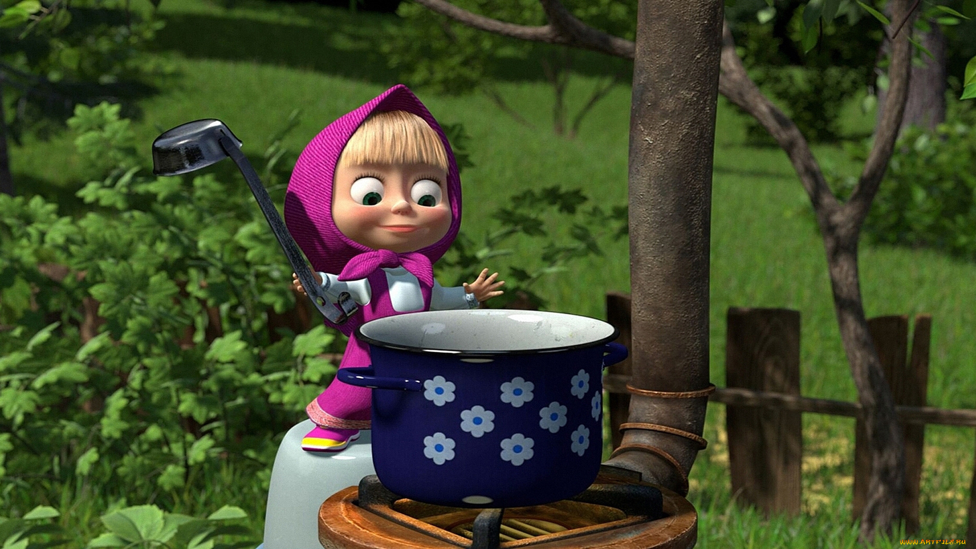 мультфильмы, маша, медведь, каша, кастрюля, природа, поварешка, сад