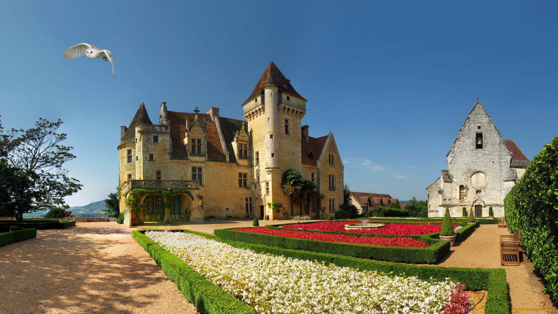 chateau, des, milandes, , dordogne, , франция, города, замки, франции, франция, ландшафт, кусты, цветы, парк, замок, dordogne, chateau, des, milandes