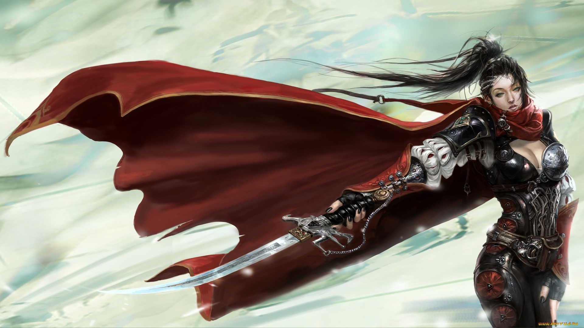 фэнтези, девушки, девушка, воин, доспехи, сабля, накидка