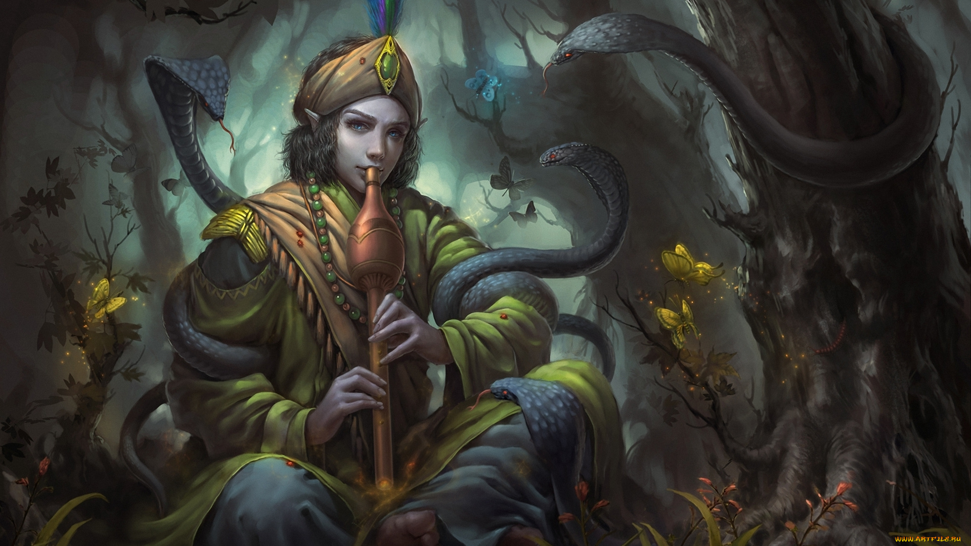 фэнтези, эльфы, эльф, факир, лес, кобры, бабочки, деревья