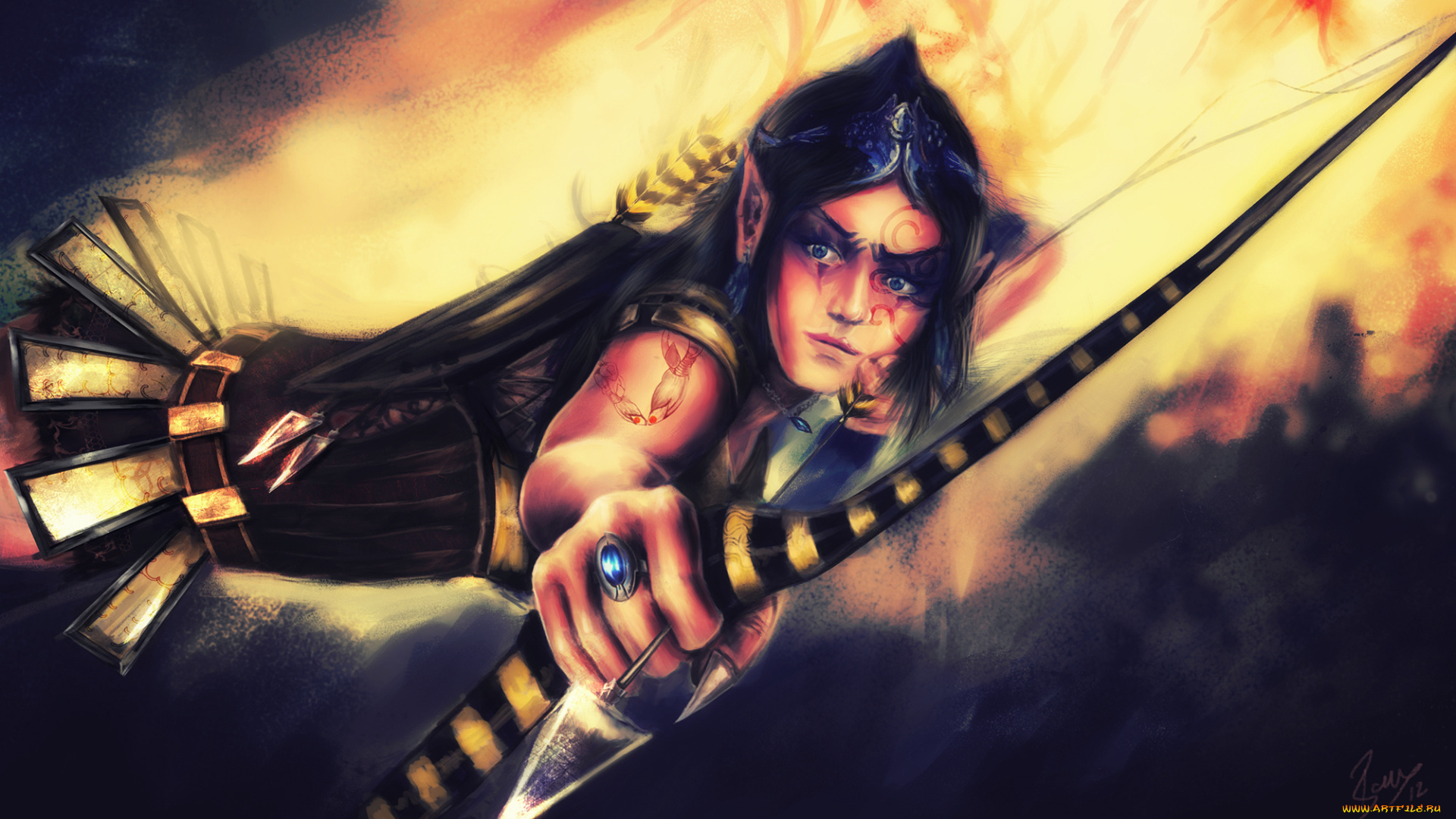 фэнтези, эльфы, эльф, лук, стрела, воин, тату, перстень