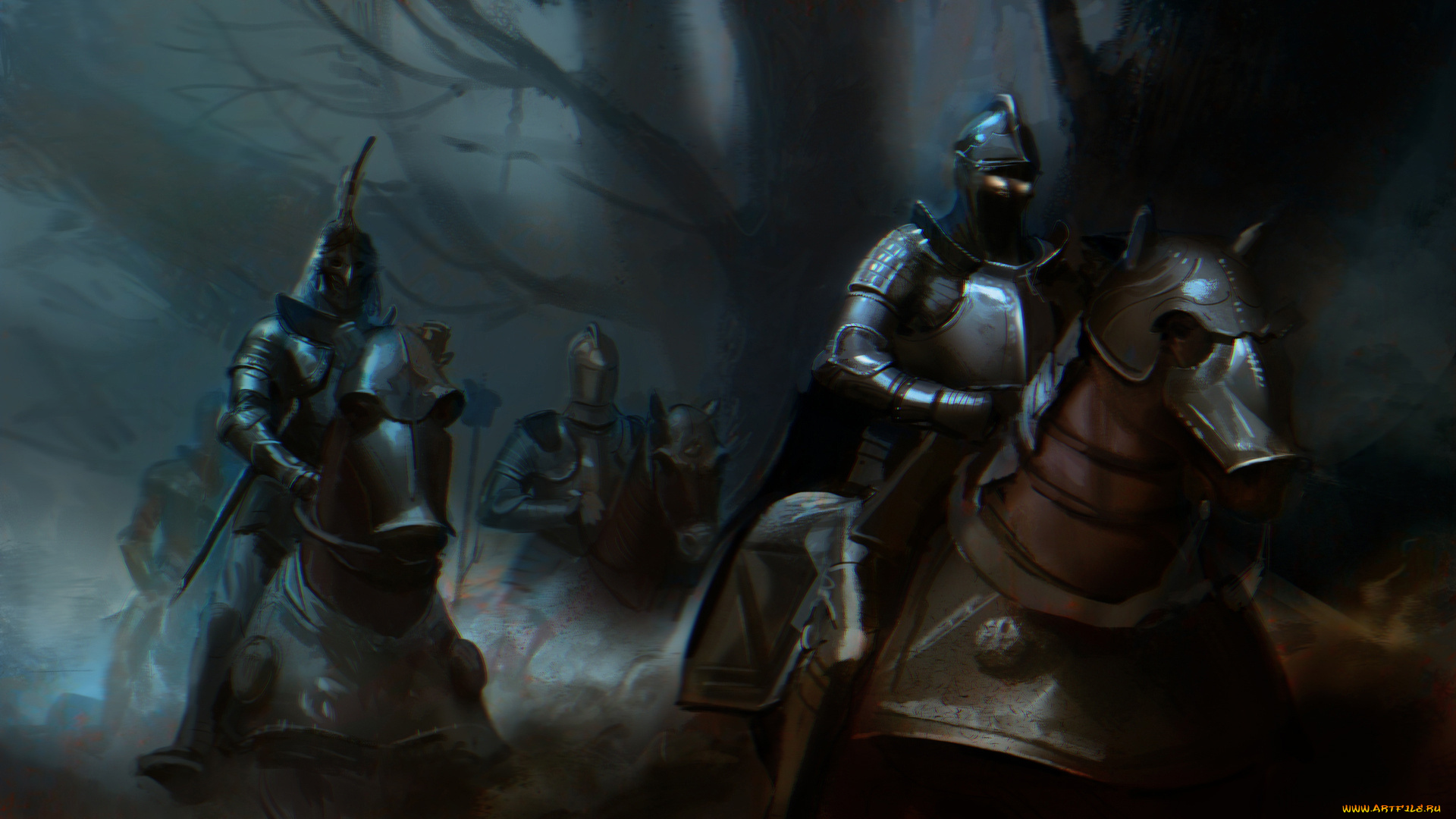 фэнтези, люди, рыцари, всадники, лошади, ночь, лес, доспехи