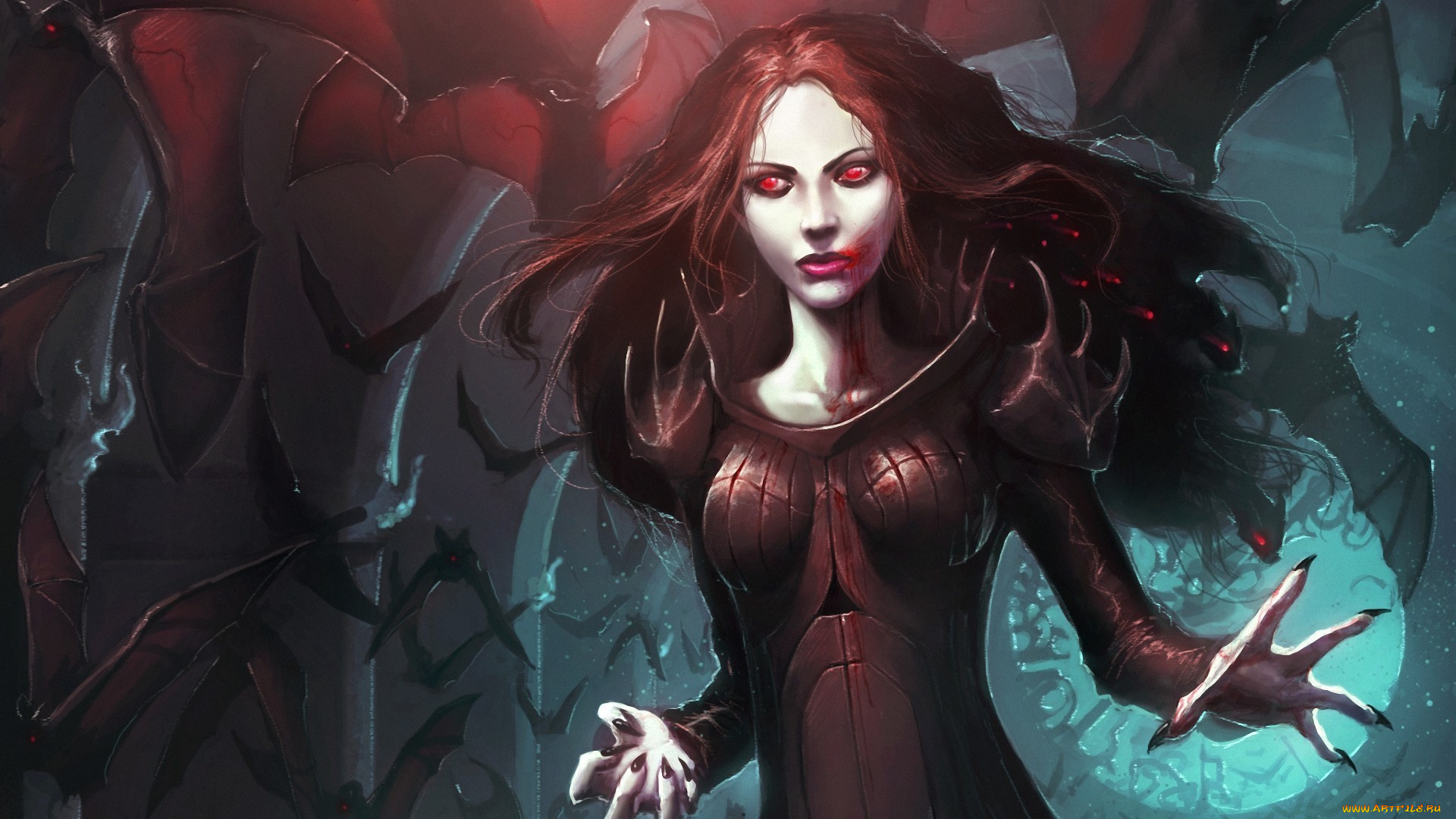 фэнтези, вампиры, вампир, девушка, летучие, мыши, готика, полнолуние