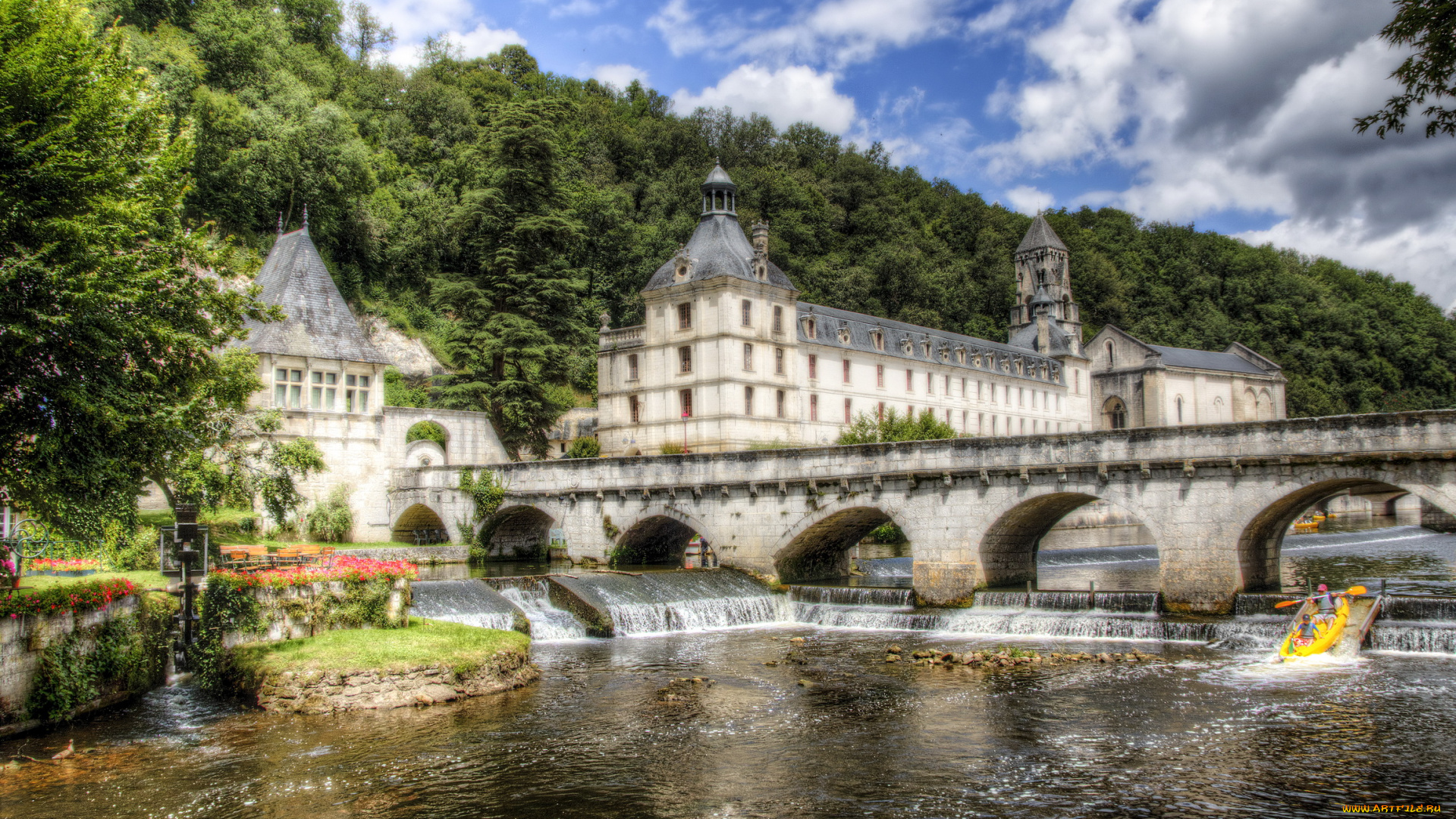 франция, аквитания, брантом, города, -, мосты, река, дома, hdr, аквитания, пороги, деревья, франция, brantome, брантом, мост