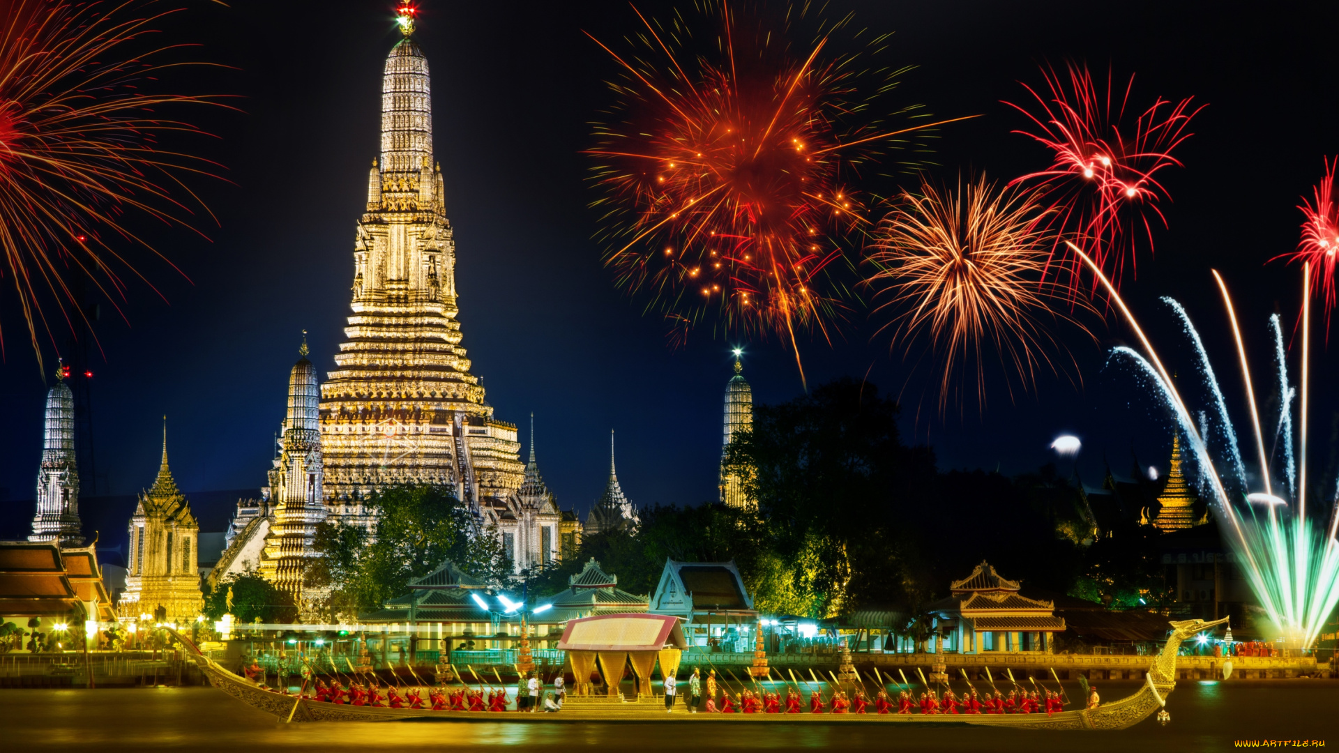 города, бангкок, , таиланд, фейерверк, храм