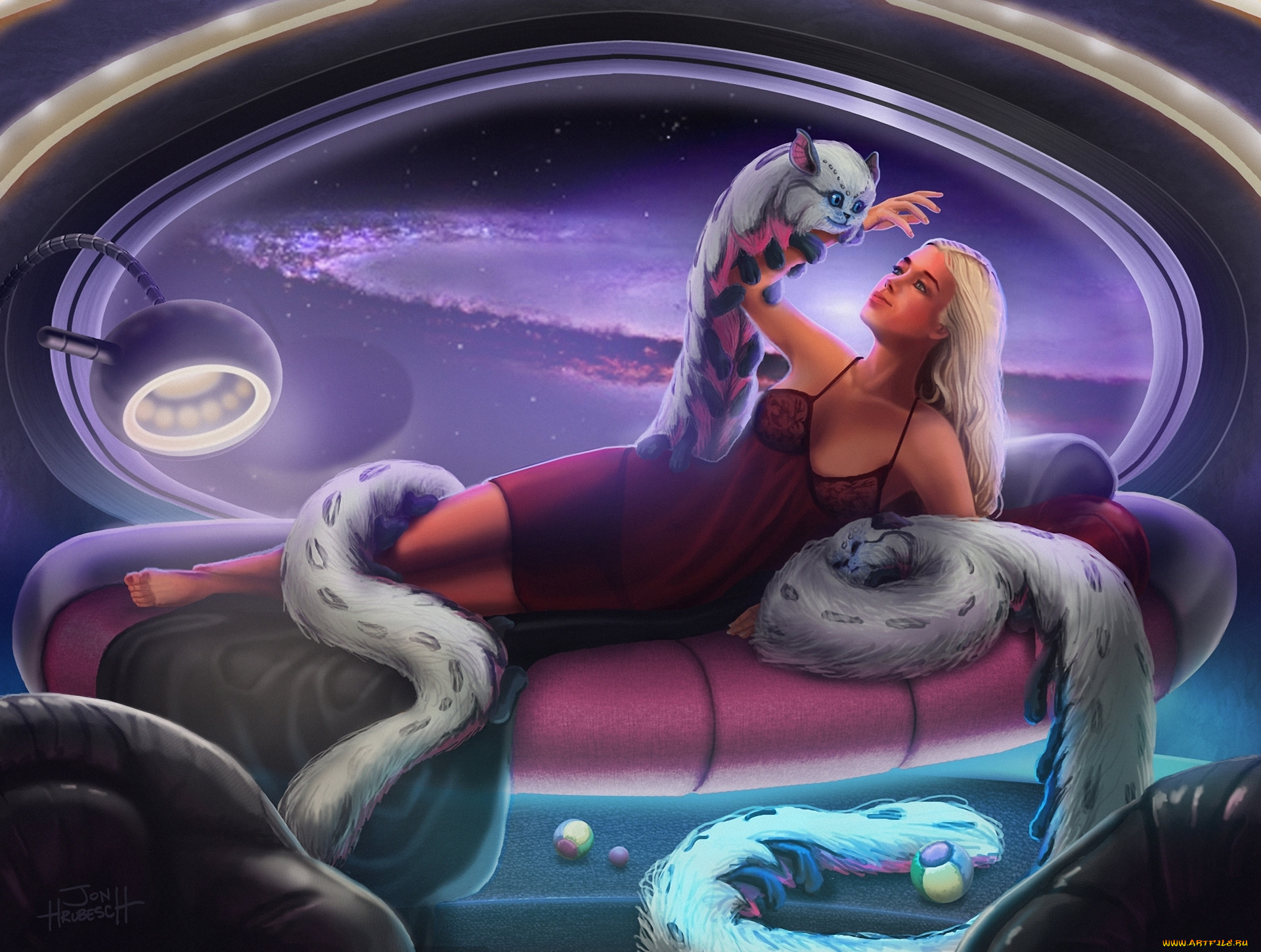 фэнтези, девушки, девушка, диван, иллюминатор, лампа, существа