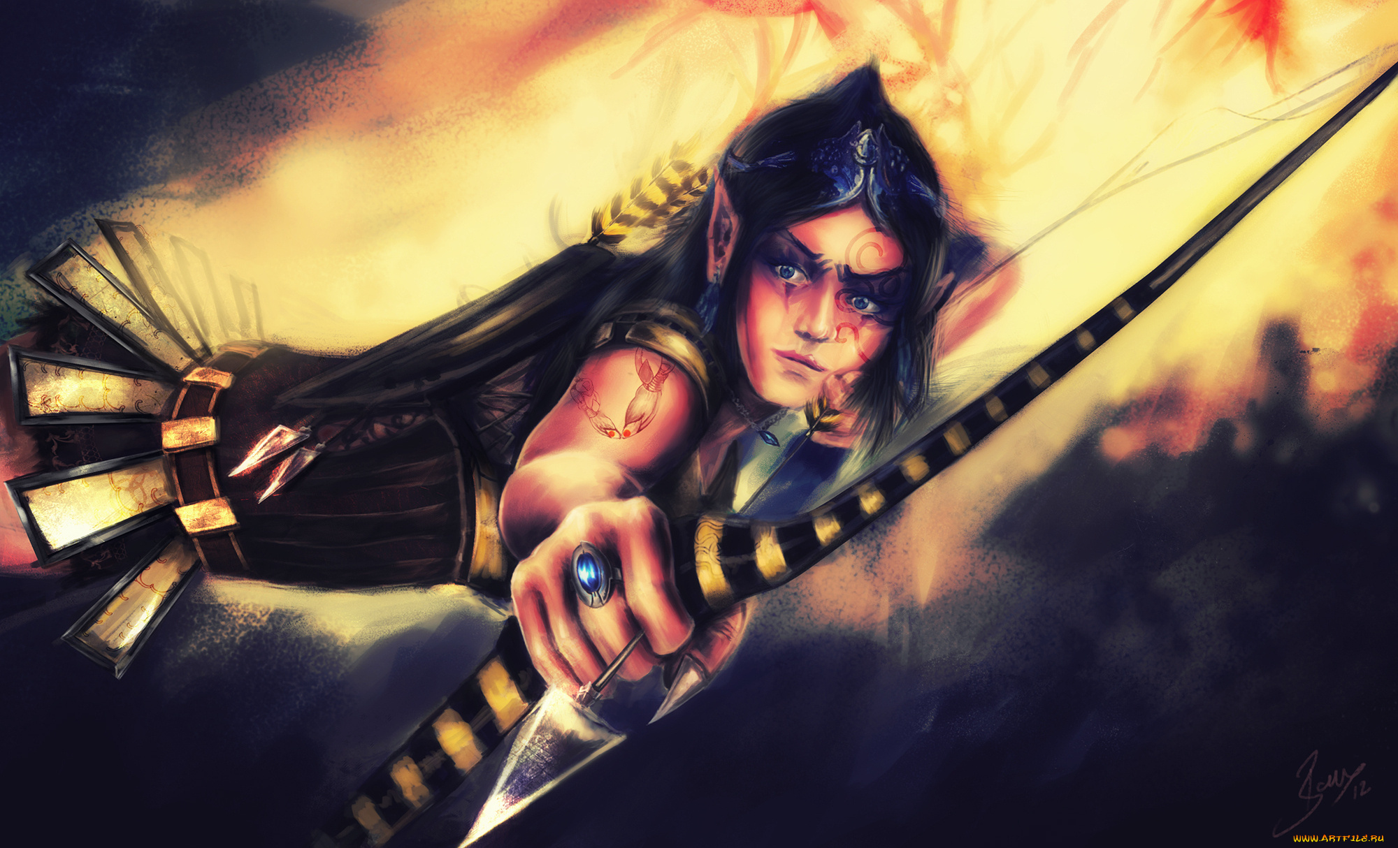 фэнтези, эльфы, эльф, лук, стрела, воин, тату, перстень