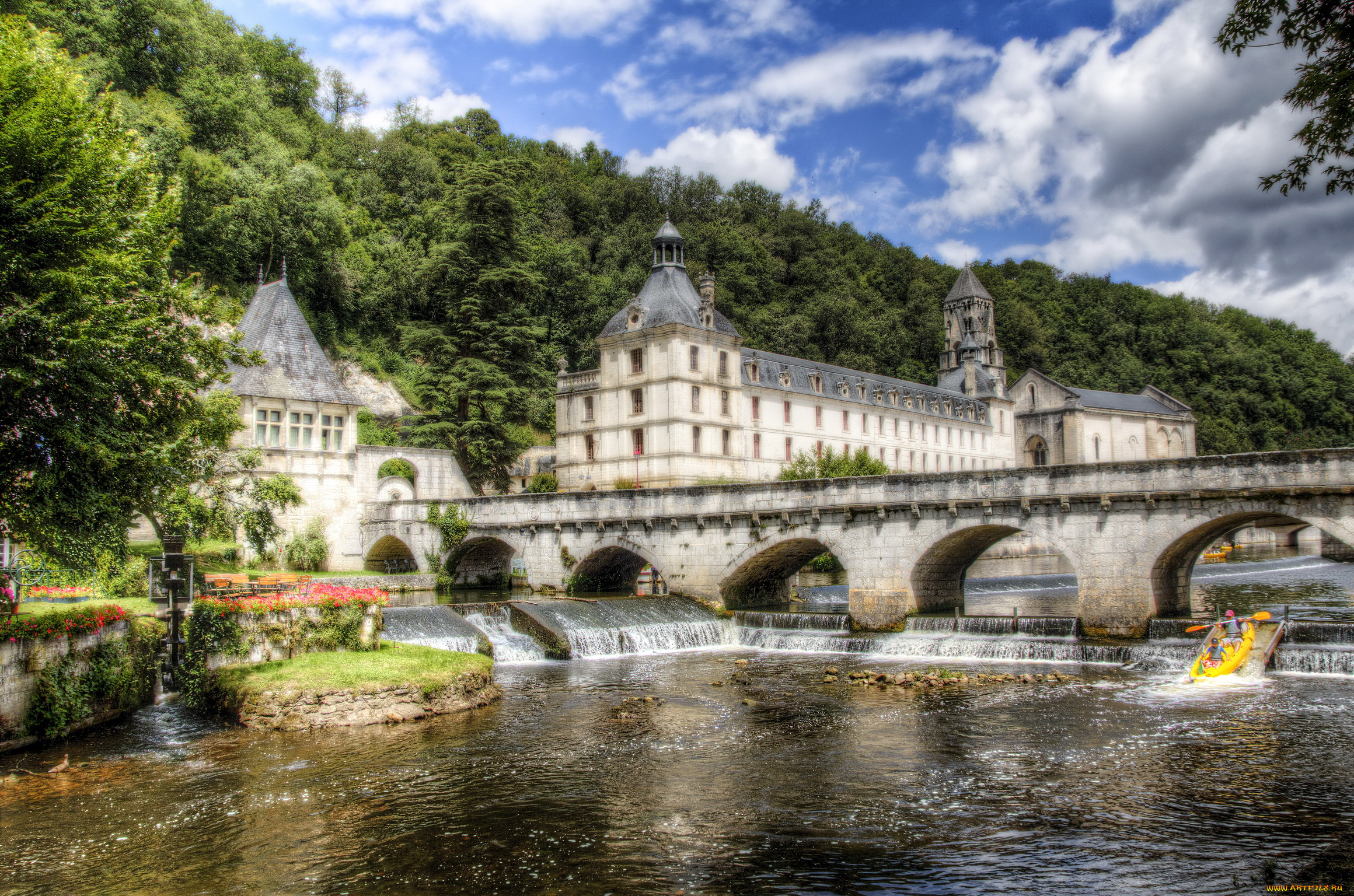 франция, аквитания, брантом, города, -, мосты, река, дома, hdr, аквитания, пороги, деревья, франция, brantome, брантом, мост