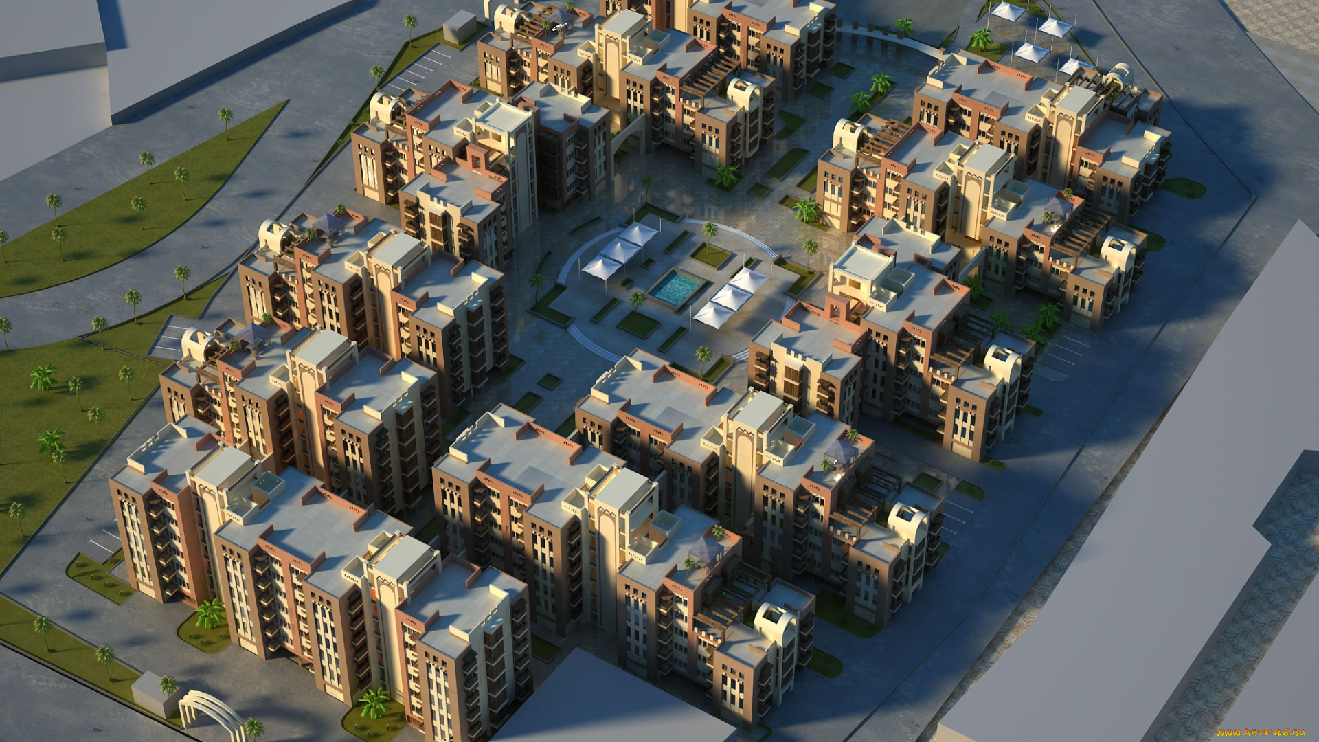 3д, графика, архитектура, , architecture, бассейн, деревья, дома