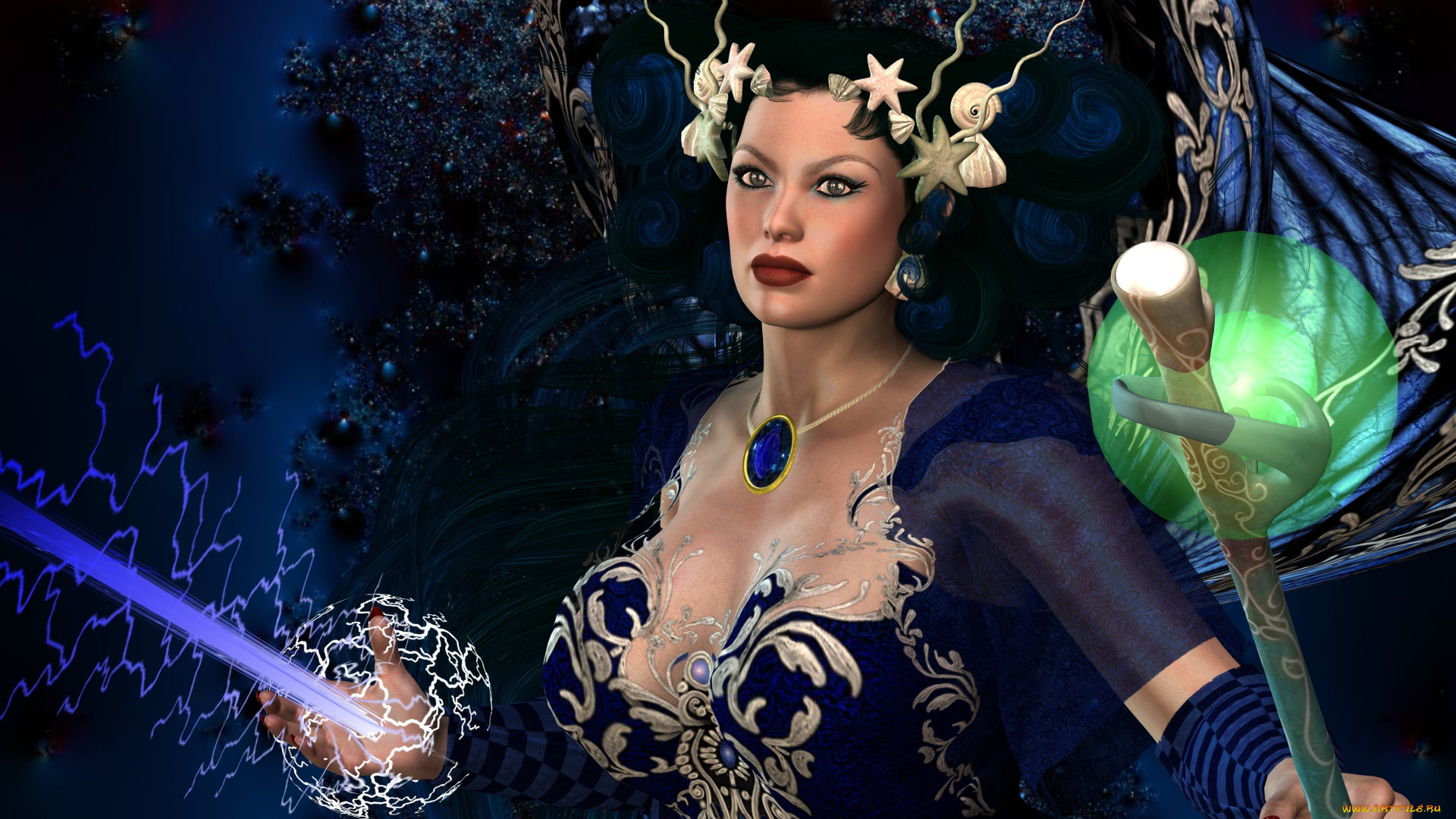 3д, графика, фантазия, , fantasy, девушка, магия, шест, фон, взгляд