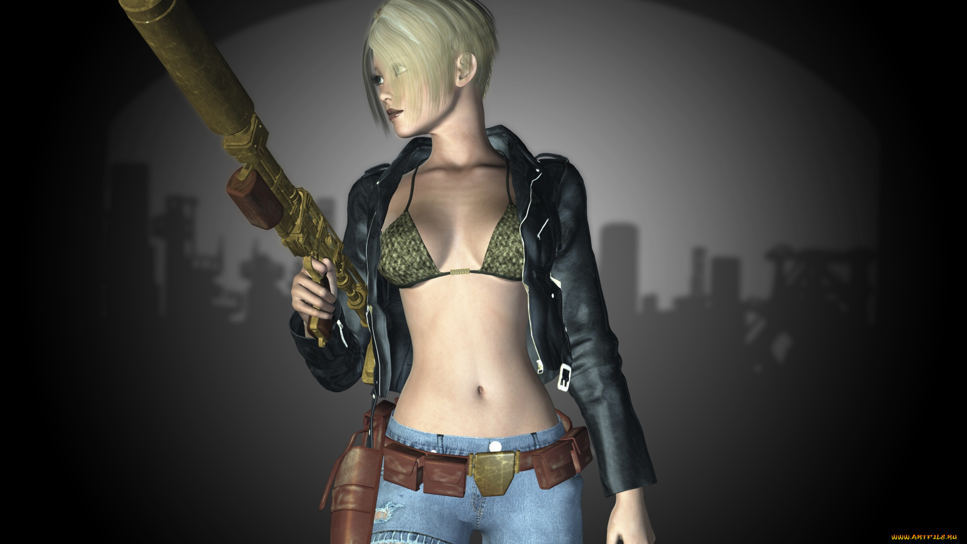 3д, графика, фантазия, , fantasy, взгляд, блондинка, девушка, шорты, оружие, фон