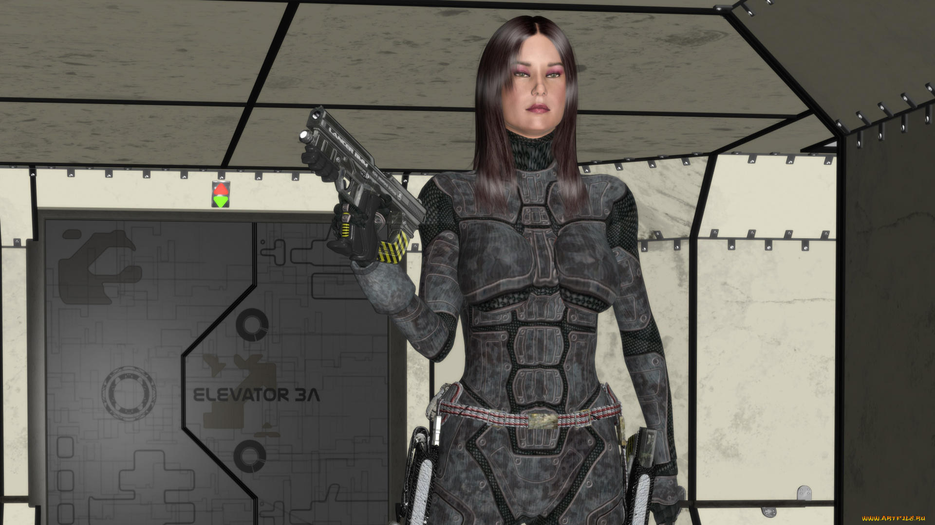 3д, графика, фантазия, , fantasy, взгляд, девушка, оружие, фон