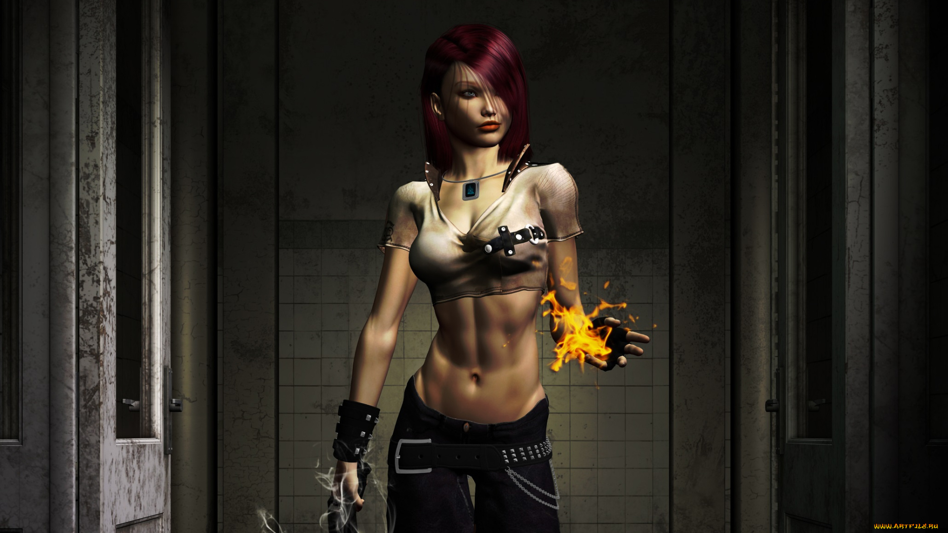 3д, графика, фантазия, , fantasy, взгляд, девушка, огонь, рыжая, фон, магия, оружие