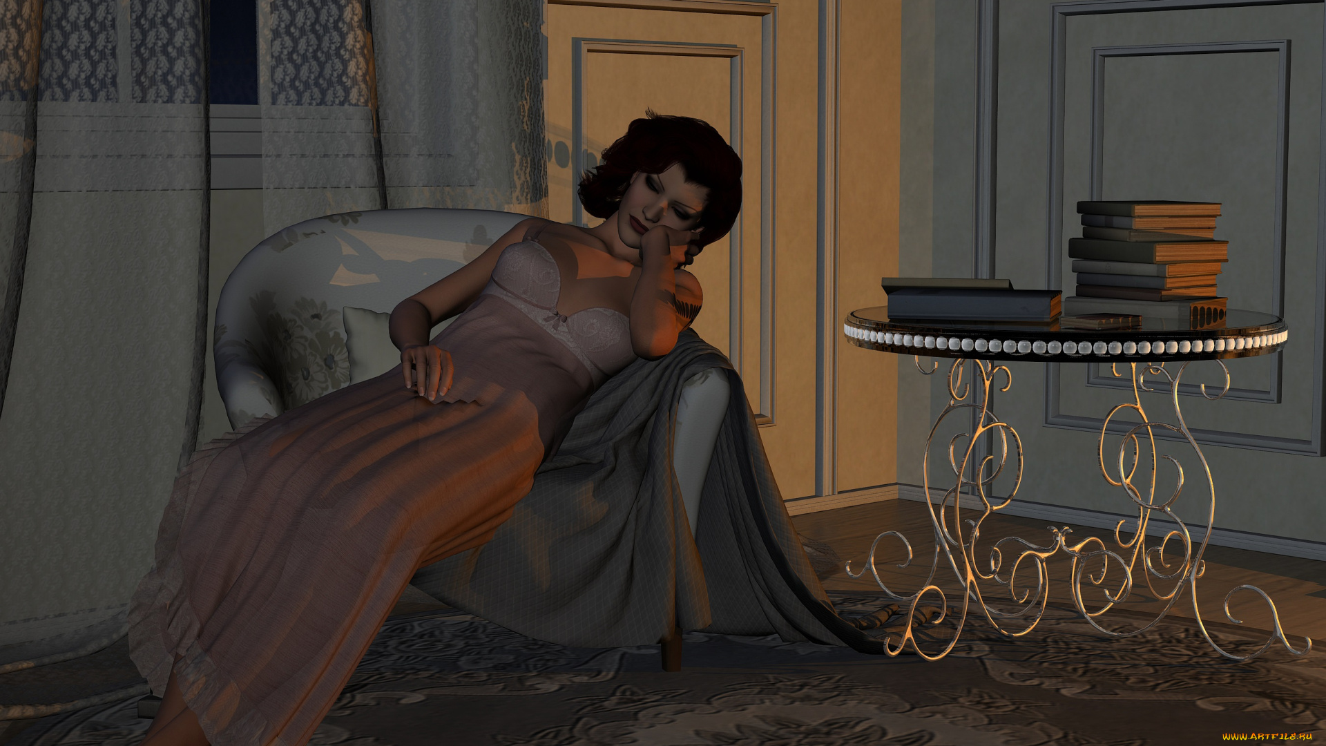 3д, графика, люди, , people, кресло, книги, фон, стол, девушка, взгляд