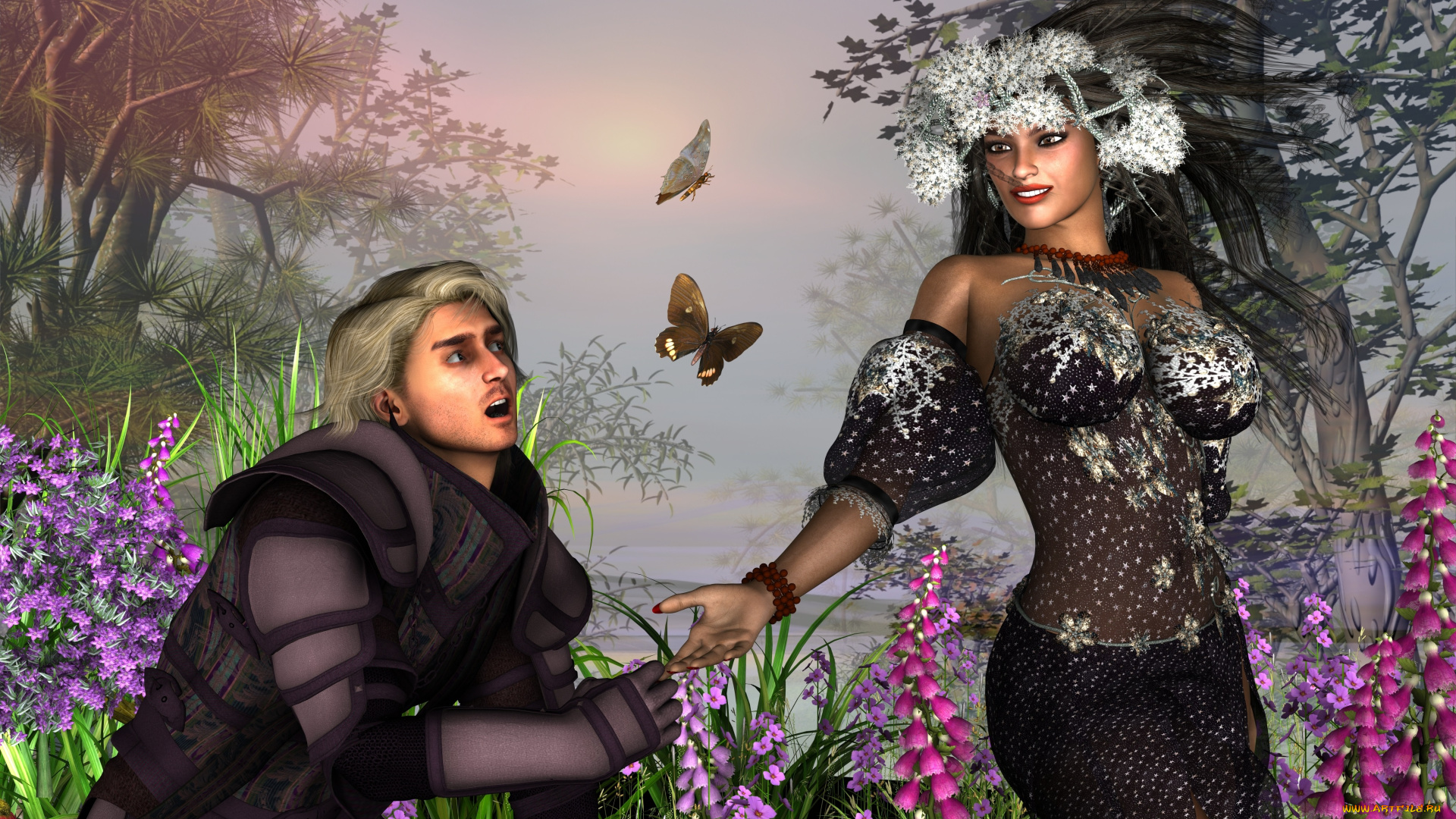 3д, графика, романтика, , romantics, бабочки, цветы, мужчина, фон, взгляд, девушка