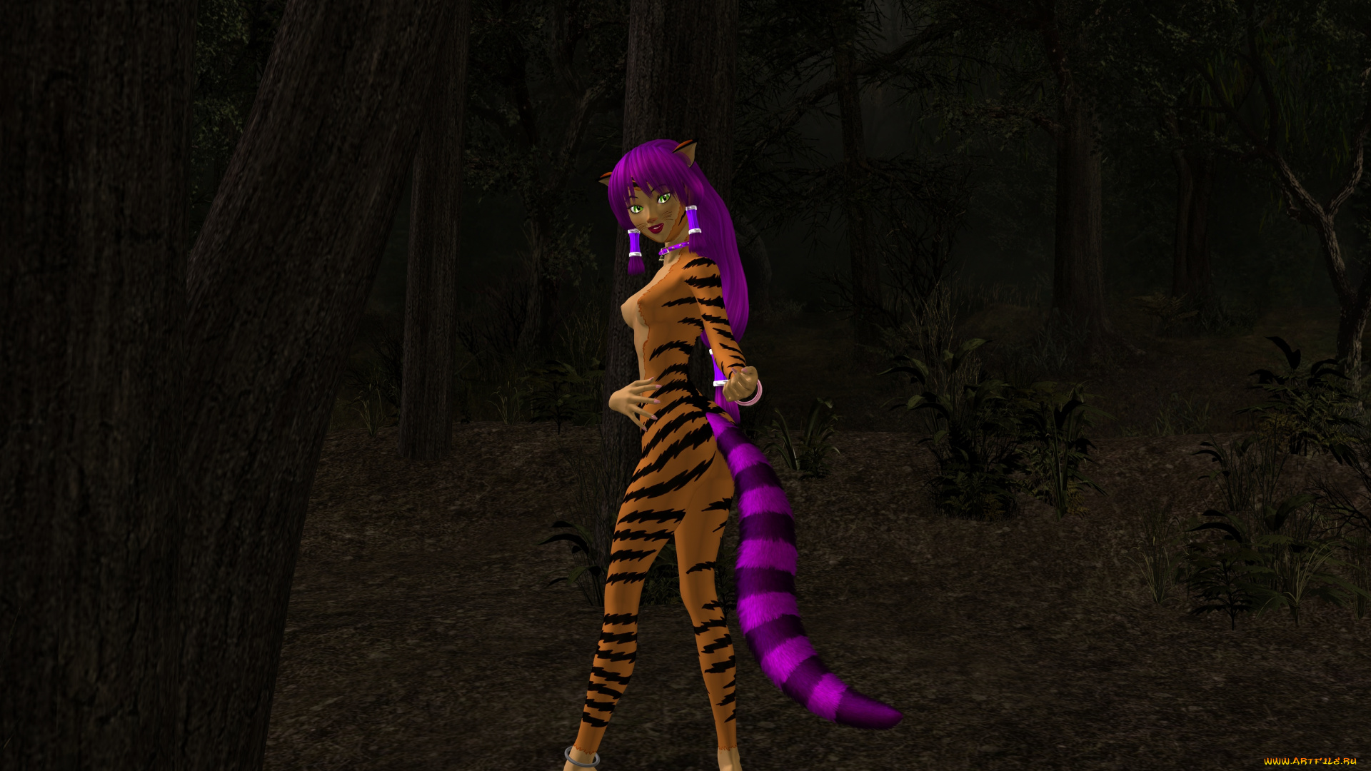 3д, графика, существа, , creatures, хост, эльфийка, фон, взгляд, тигрица