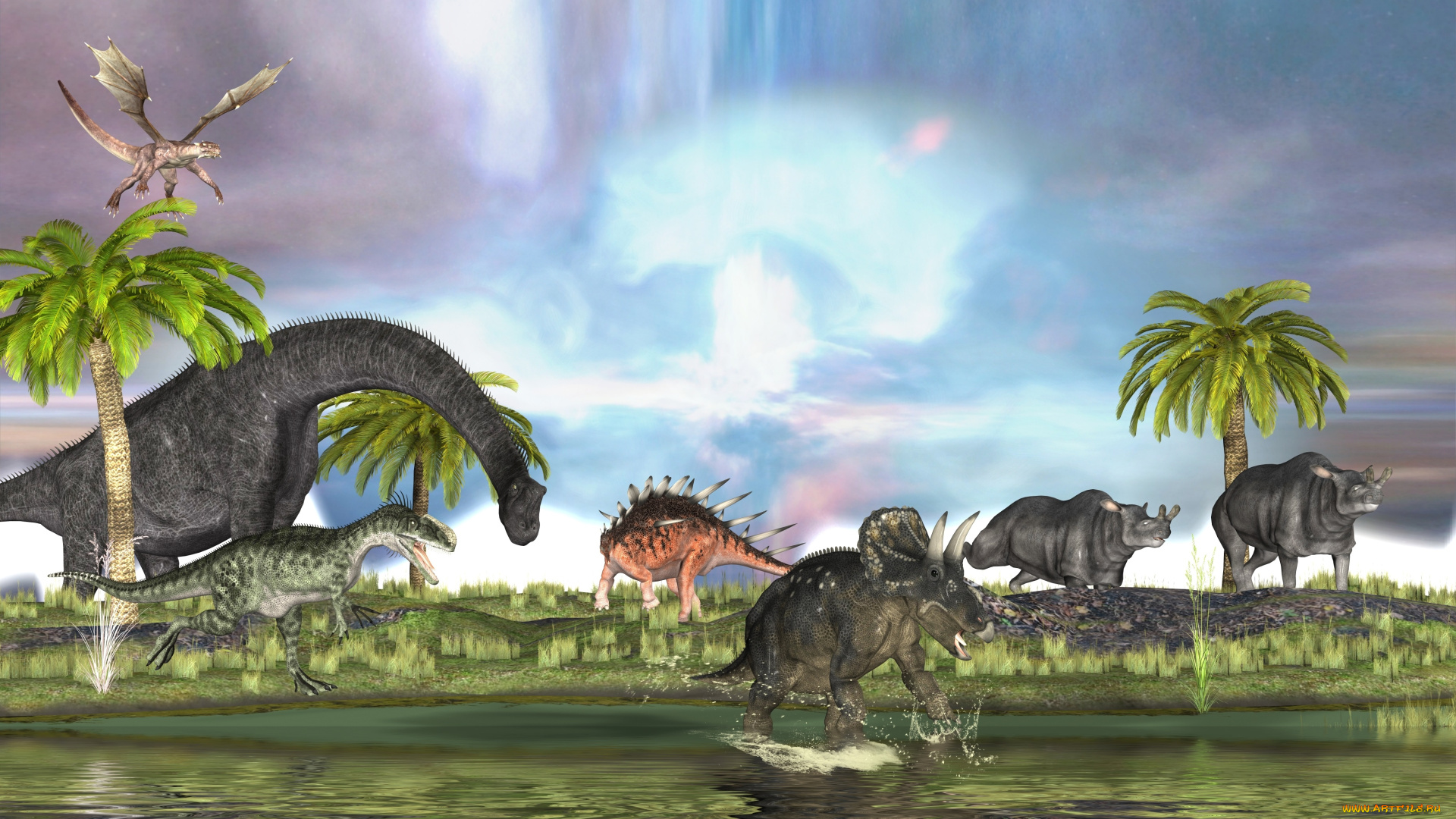 3д, графика, животные, , animals, трава, дракон, динозавры