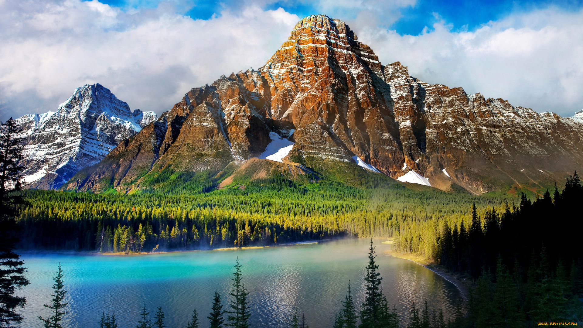 природа, реки, озера, деревья, небо, озеро, снег, лес, горы, облака