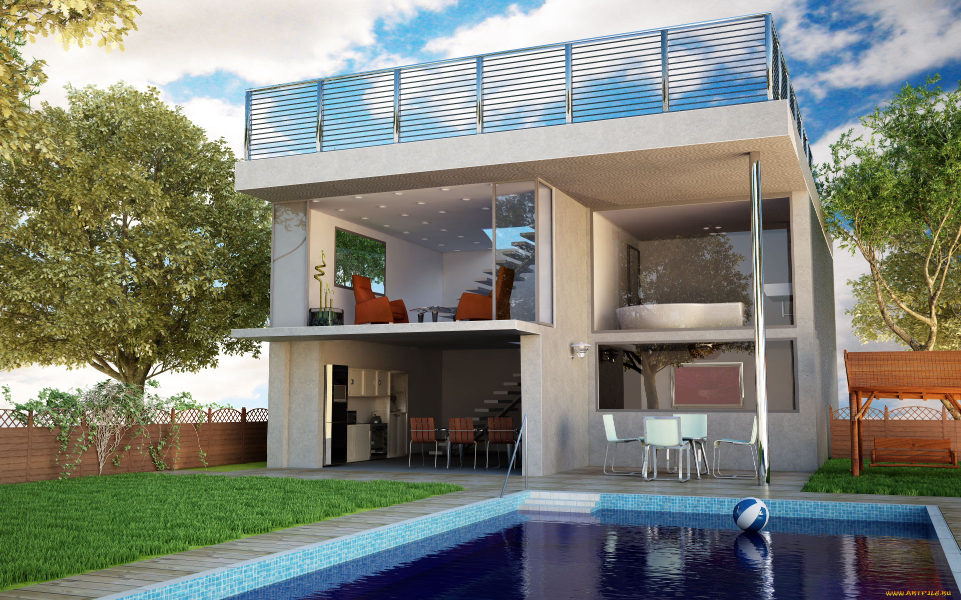 3д, графика, архитектура, , architecture, бассейн, вила, трава