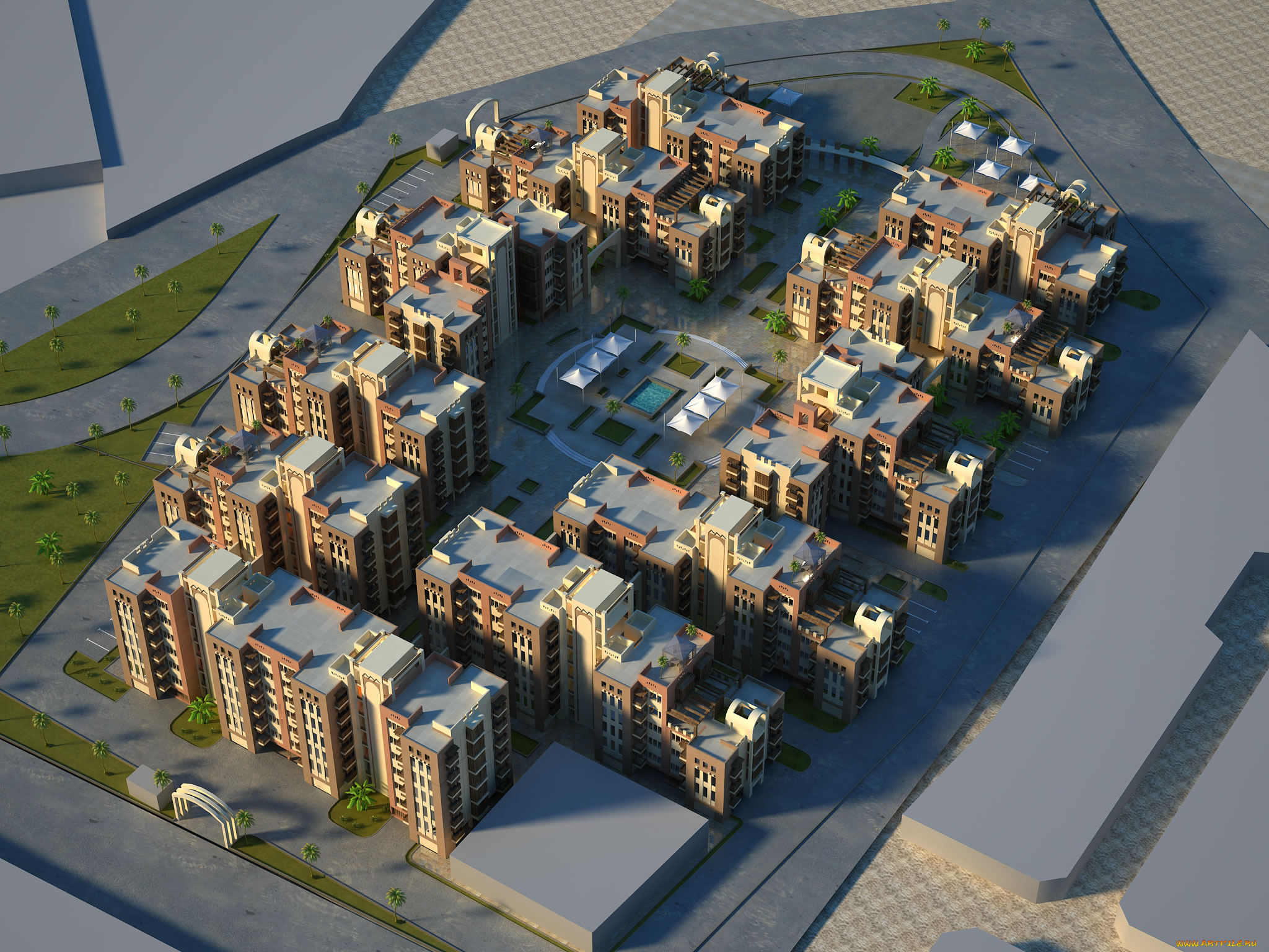 3д, графика, архитектура, , architecture, бассейн, деревья, дома