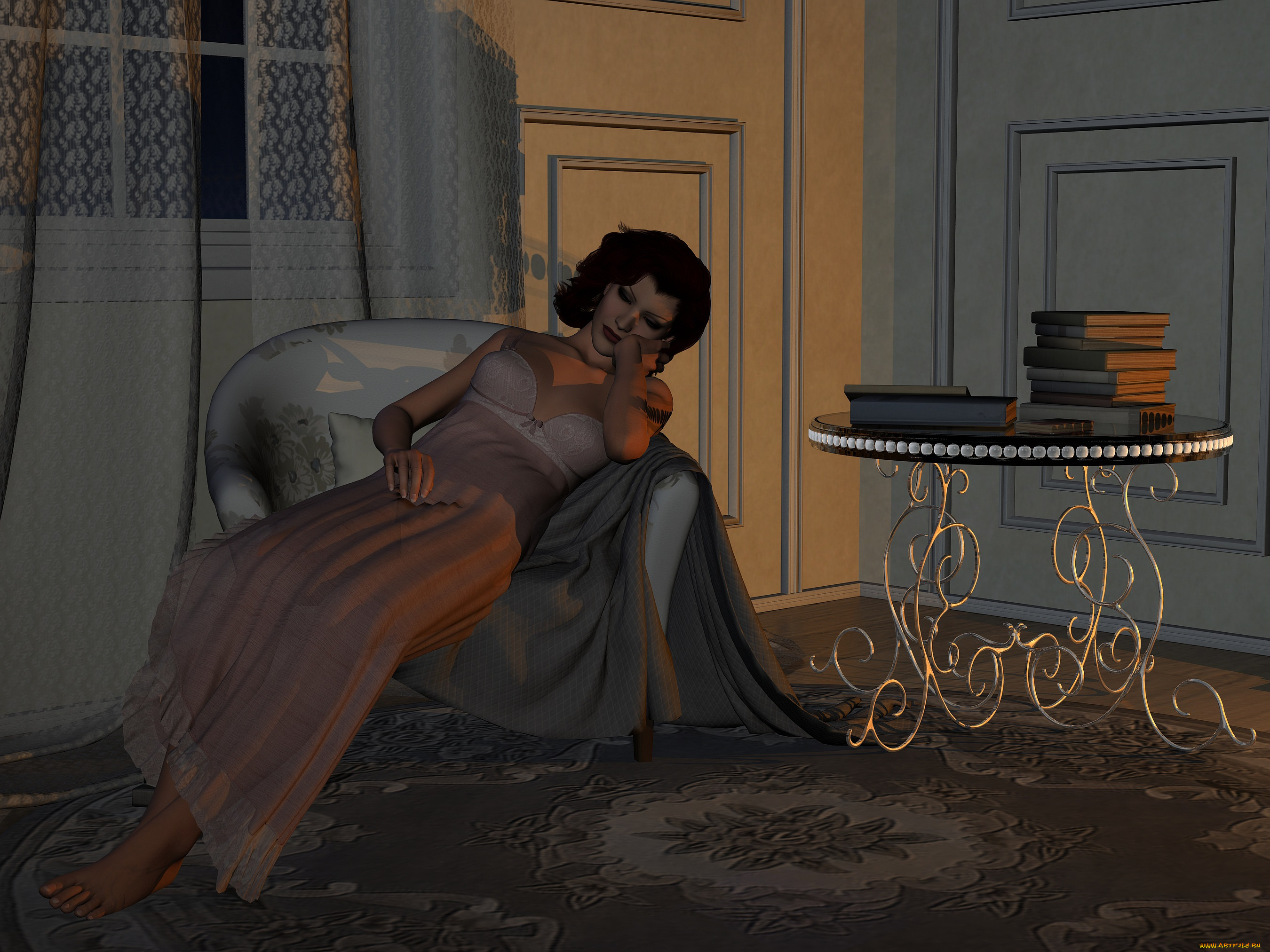 3д, графика, люди, , people, кресло, книги, фон, стол, девушка, взгляд