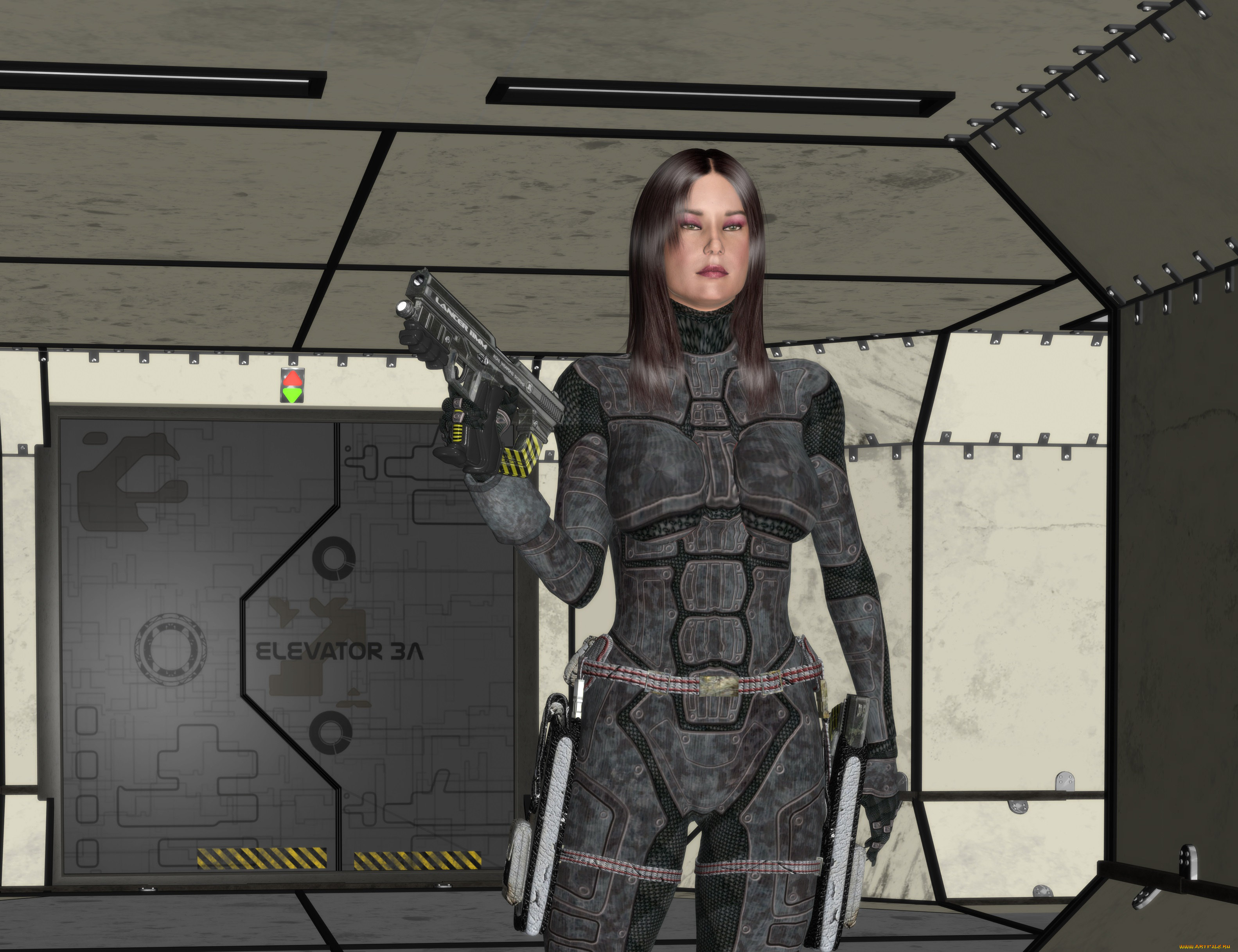 3д, графика, фантазия, , fantasy, взгляд, девушка, оружие, фон