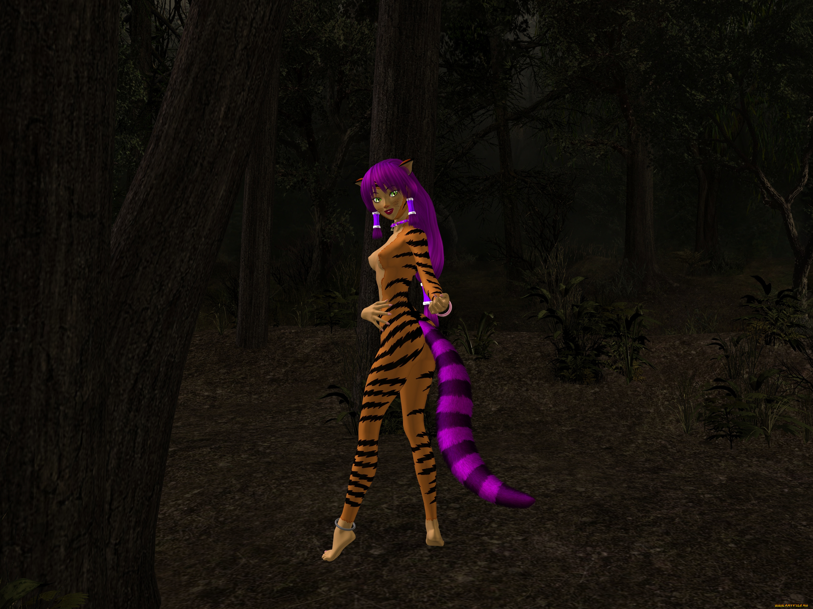 3д, графика, существа, , creatures, хост, эльфийка, фон, взгляд, тигрица