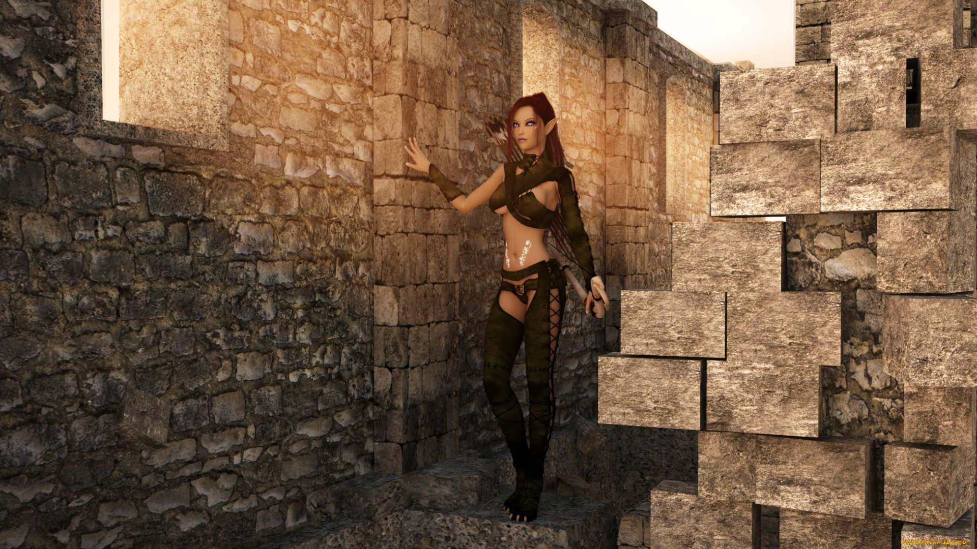 3д, графика, эльфы, , elves, фон, взгляд, эльфийка