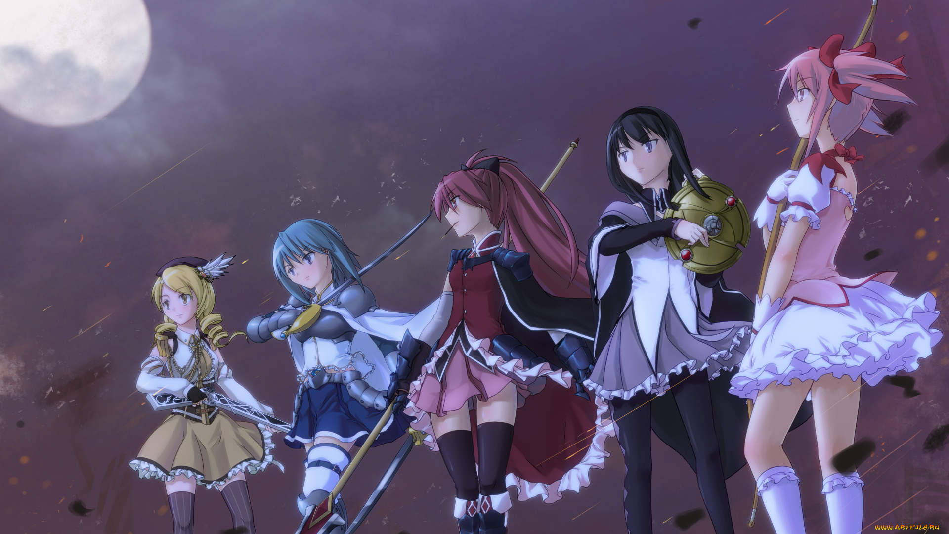 аниме, mahou, shoujo, madoka, magika, девочка-волшебница, мадока, akemi, homura, rinkzea, ночь, miki, sayaka, арт, mahou, shoujo, madoka, magica, луна, sakura, kyouko, kaname, tomoe, mami, девушки