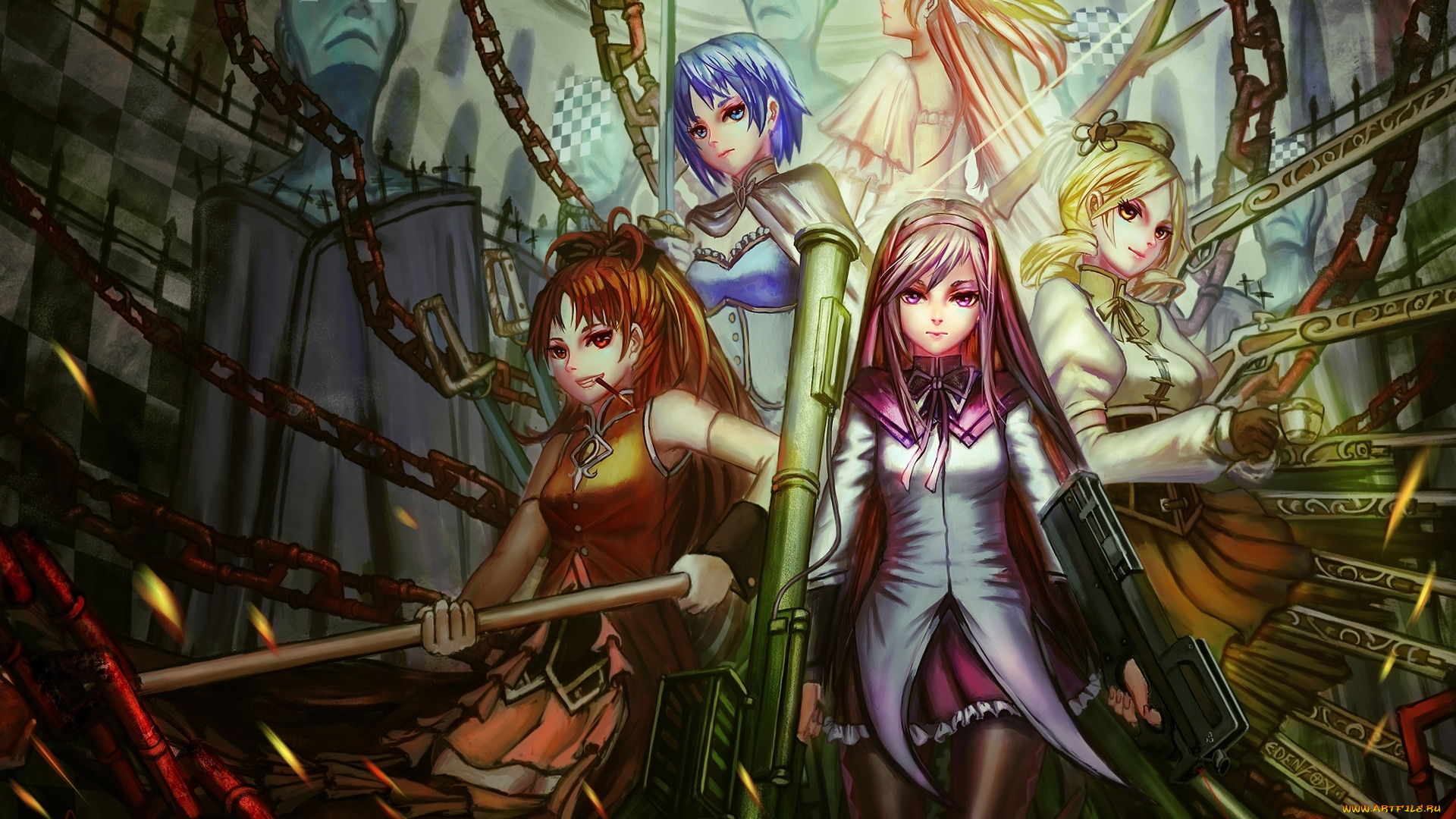 аниме, mahou, shoujo, madoka, magika, edenfox, арт, девушки, оружие, ultimate, madoka, tomoe, mami, miki, sayaka, sakura, kyouko, kaname, akemi, homura, mahou, shoujo, magica, девочка-волшебница, мадока