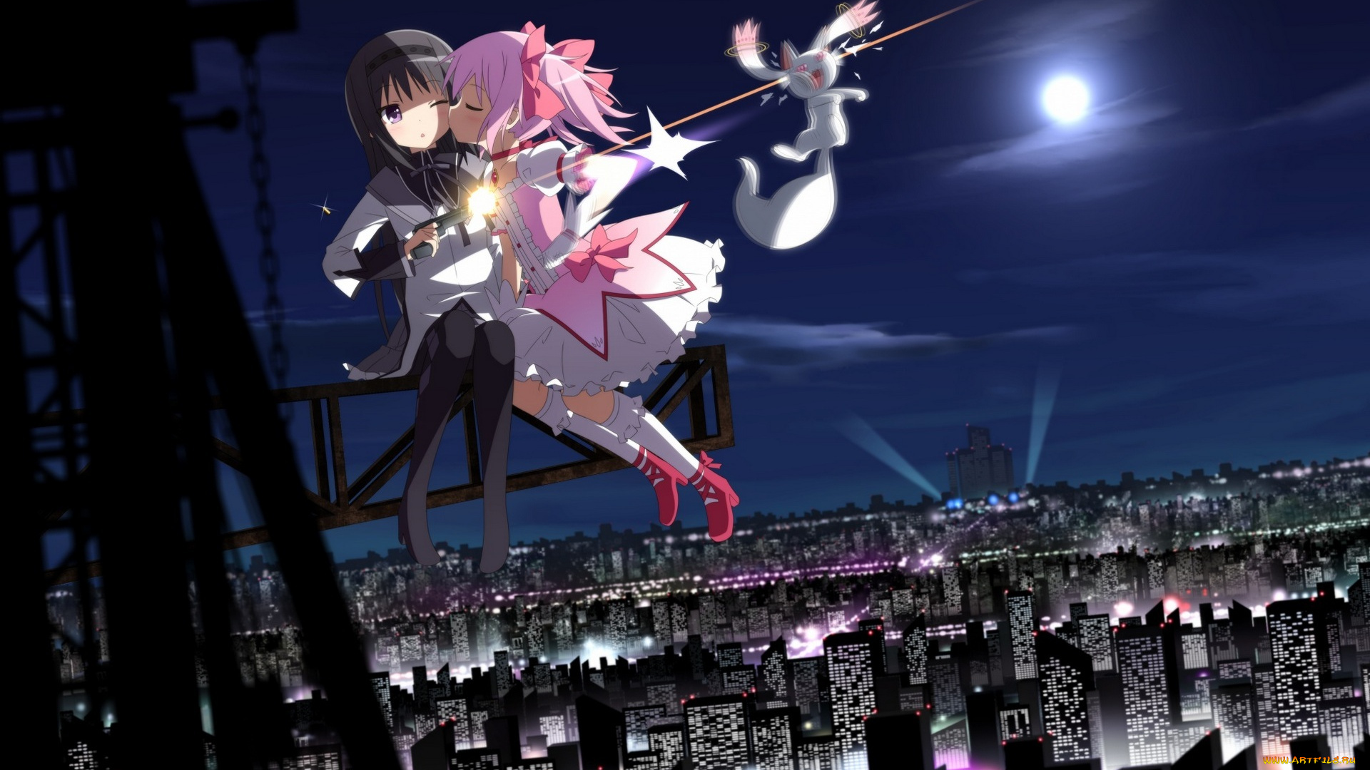 аниме, mahou, shoujo, madoka, magika, tarao, akemi, homura, город, поцелуй, выстрел, пистолет, облака, небо, дома, mahou, shoujo, madoka, magica, лена, арт, нчоь, девушки, kaname, haribote, девочка-волшебница, мадока