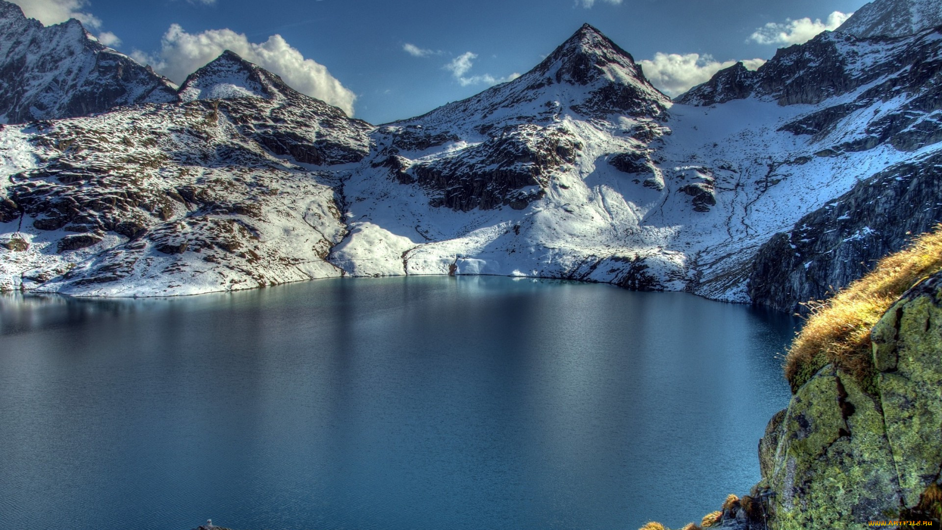 природа, горы, зима, снег, озеро, скалы