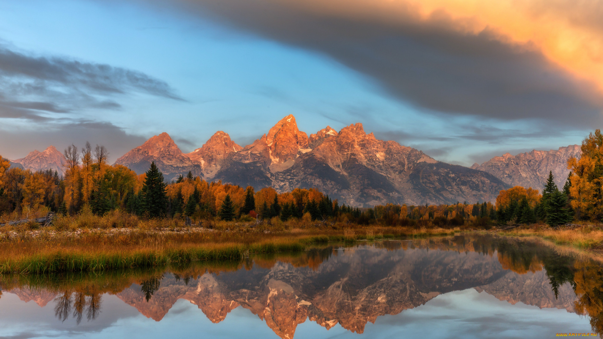 природа, реки, озера, лес, сша, штат, вайоминг, осень, отражения, горы, schwabachers, landing, национальный, парк, гранд-титон, небо, облака, вода