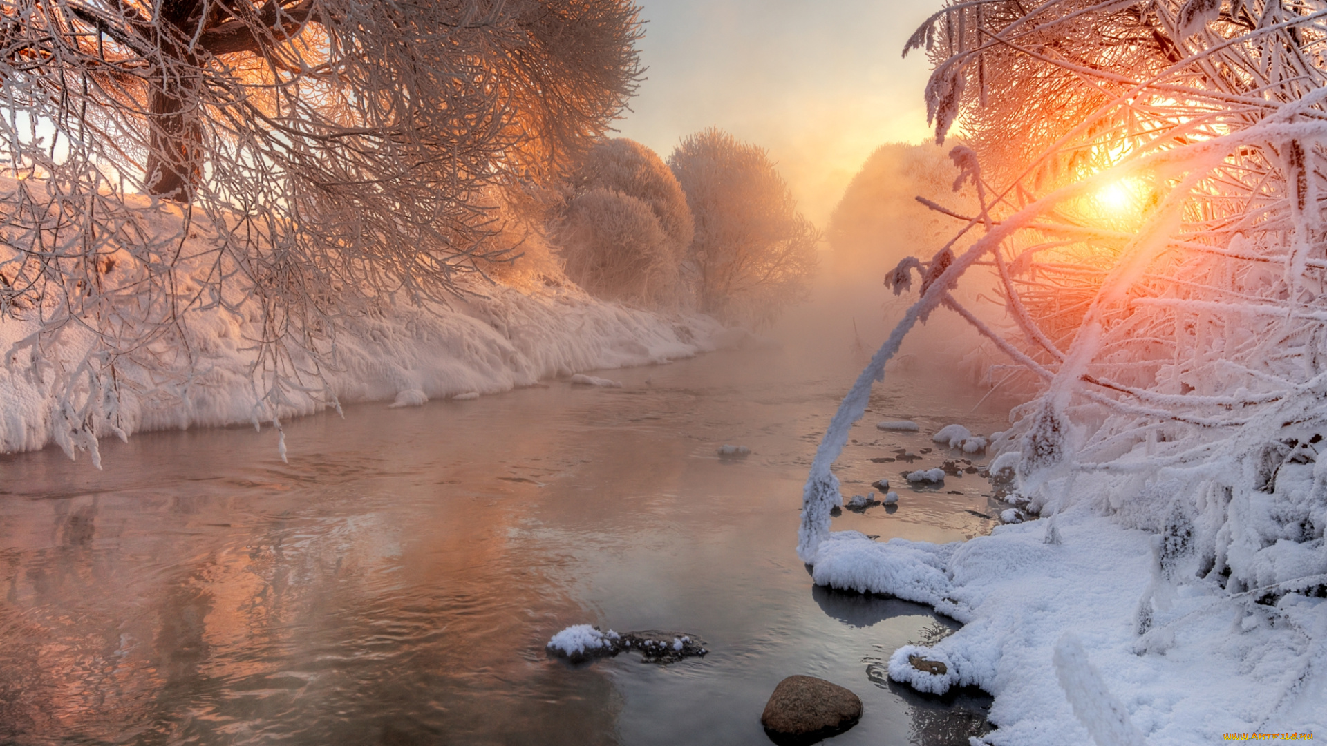 природа, реки, озера, снег, река, лес, утро, иней