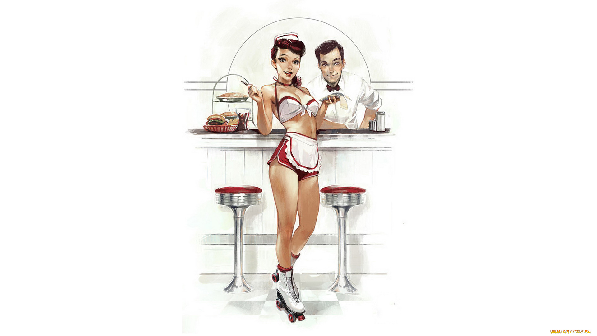рисованное, люди, взгляд, бар, мужчина, девушка, официантка