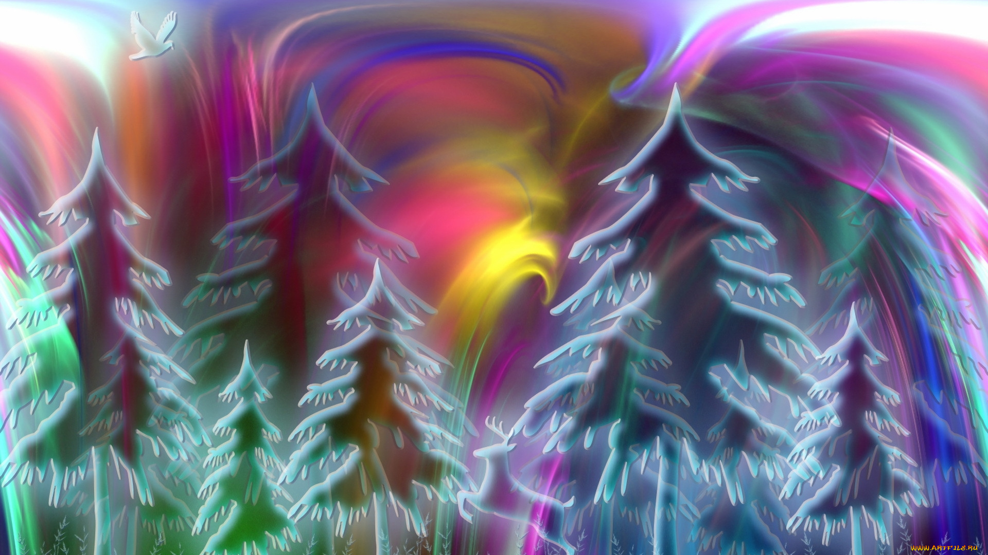 векторная, графика, природа, , nature, олень, птичка, ели