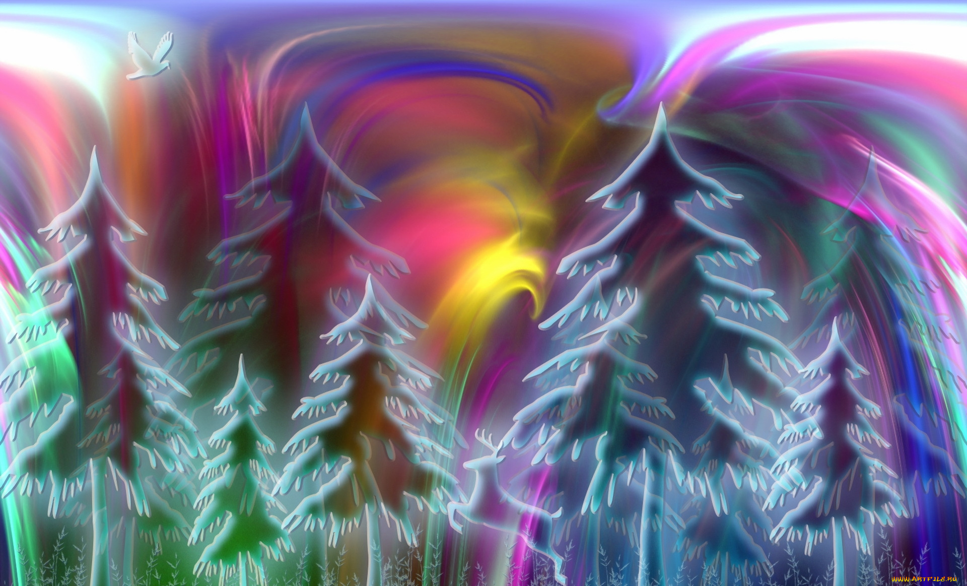 векторная, графика, природа, , nature, олень, птичка, ели