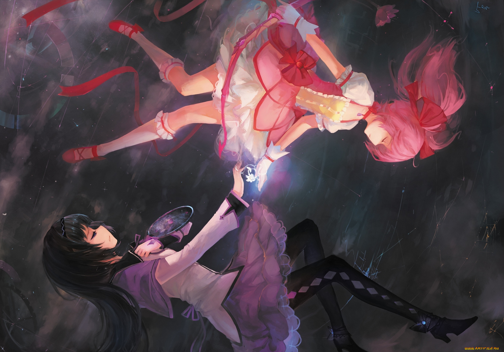 аниме, mahou, shoujo, madoka, magika, магия, падение, девушки, kaname, madoka, akemi, homura, ленты, mahou, shoujo, magica, арт, fom, lifotai