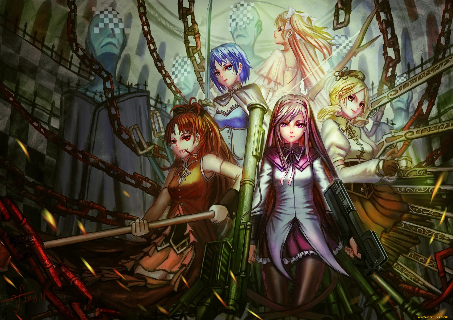 аниме, mahou, shoujo, madoka, magika, edenfox, арт, девушки, оружие, ultimate, madoka, tomoe, mami, miki, sayaka, sakura, kyouko, kaname, akemi, homura, mahou, shoujo, magica, девочка-волшебница, мадока