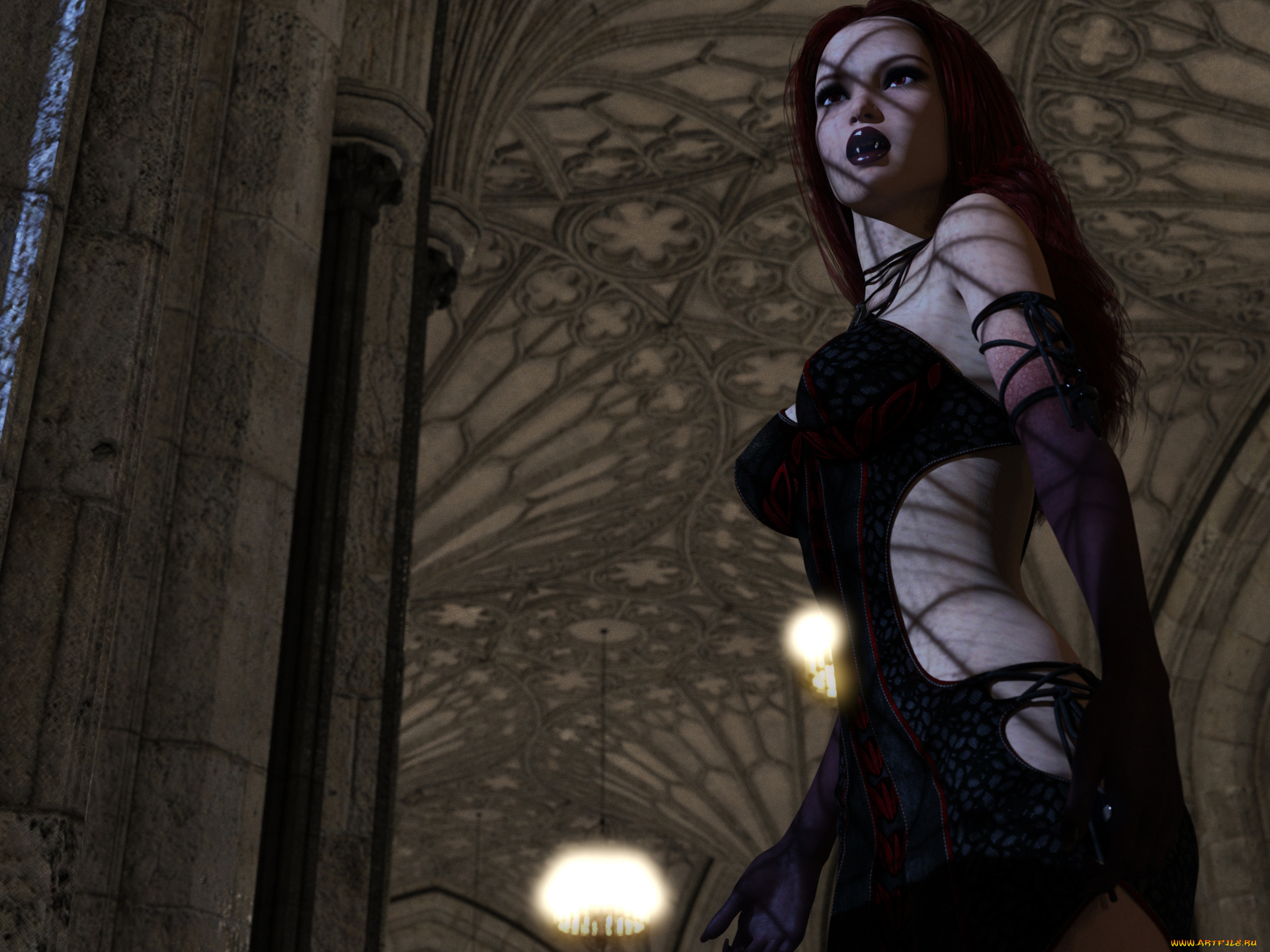 3д, графика, существа, , creatures, девушка, взгляд, вампир, фон