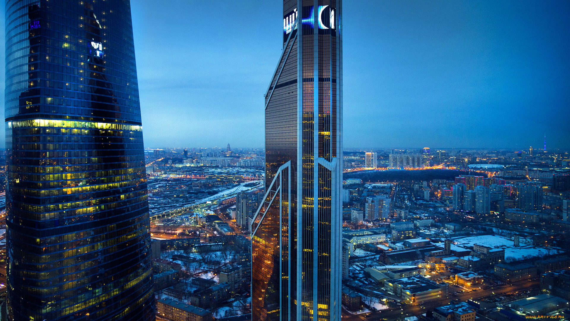 города, москва, , россия, огни, вид, москва