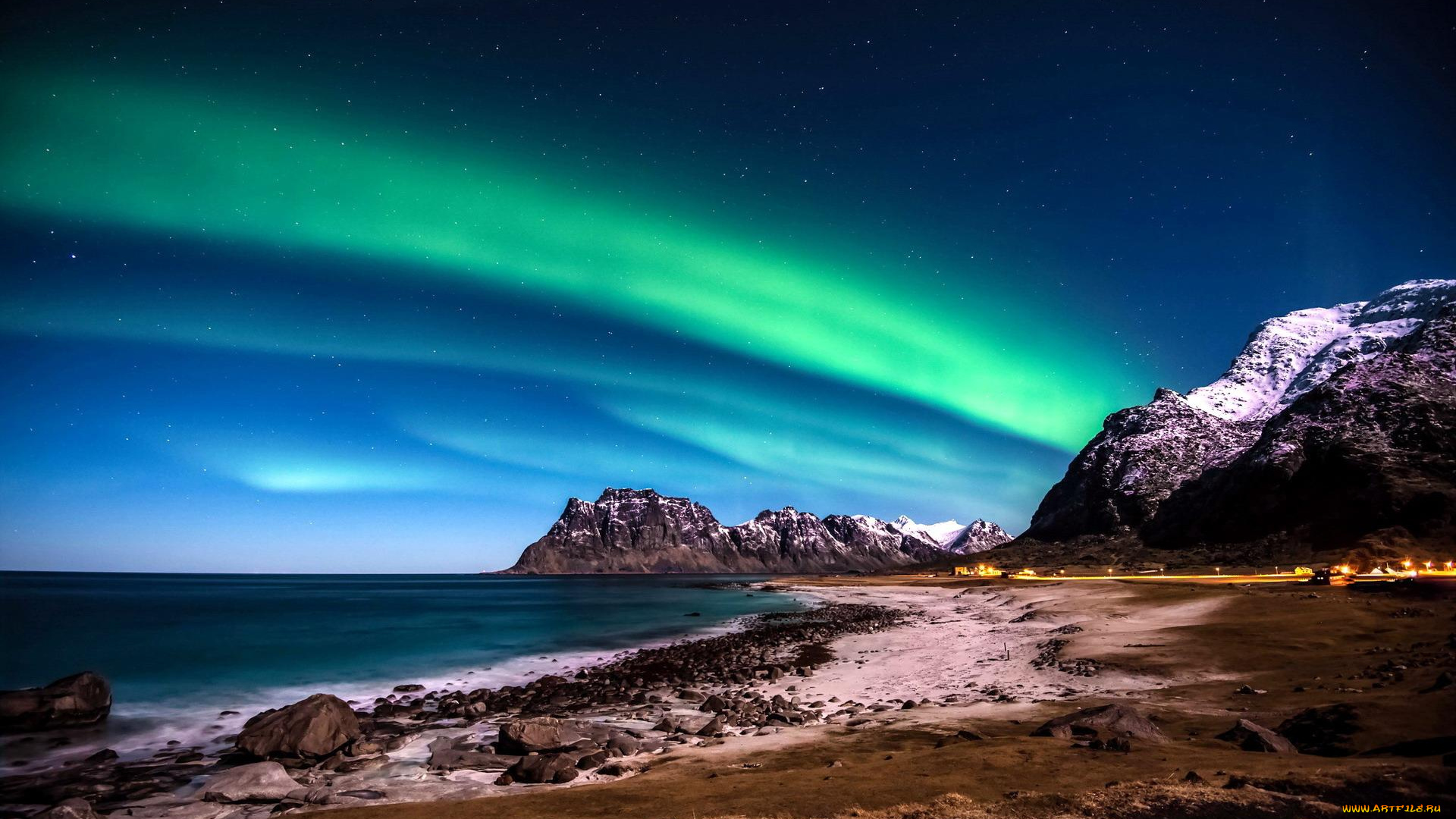 природа, северное, сияние, берег, скалы, сияние, море, камни