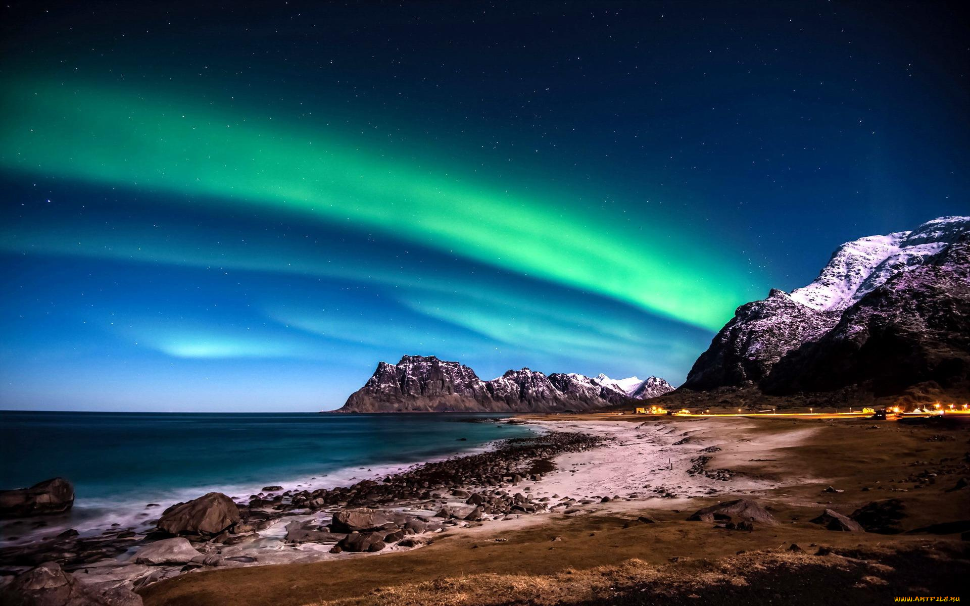 природа, северное, сияние, берег, скалы, сияние, море, камни