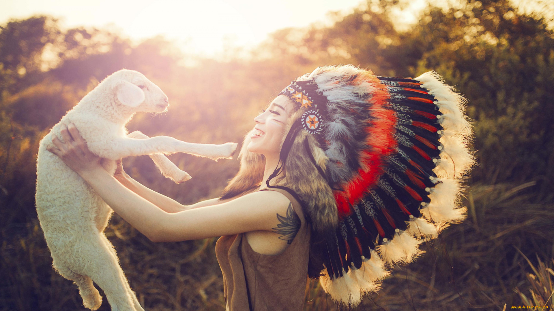 девушки, -unsort, , креатив, тату, ягненок, улыбка, перья